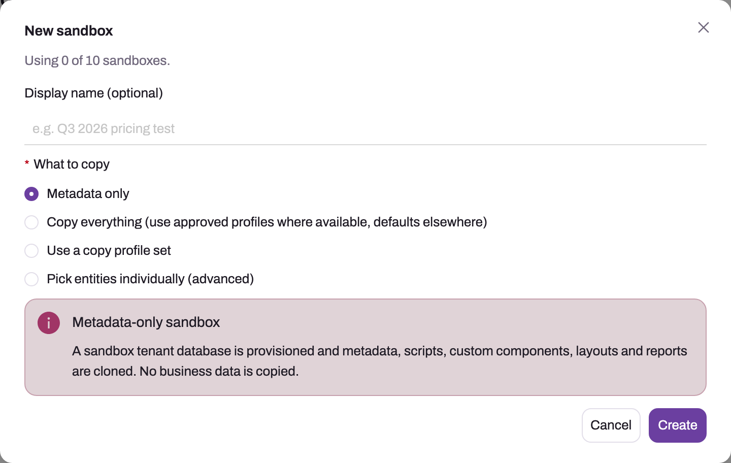 New sandbox dialog showing the quota counter, an optional display name and four What to copy options with Metadata only selected and its explanation
