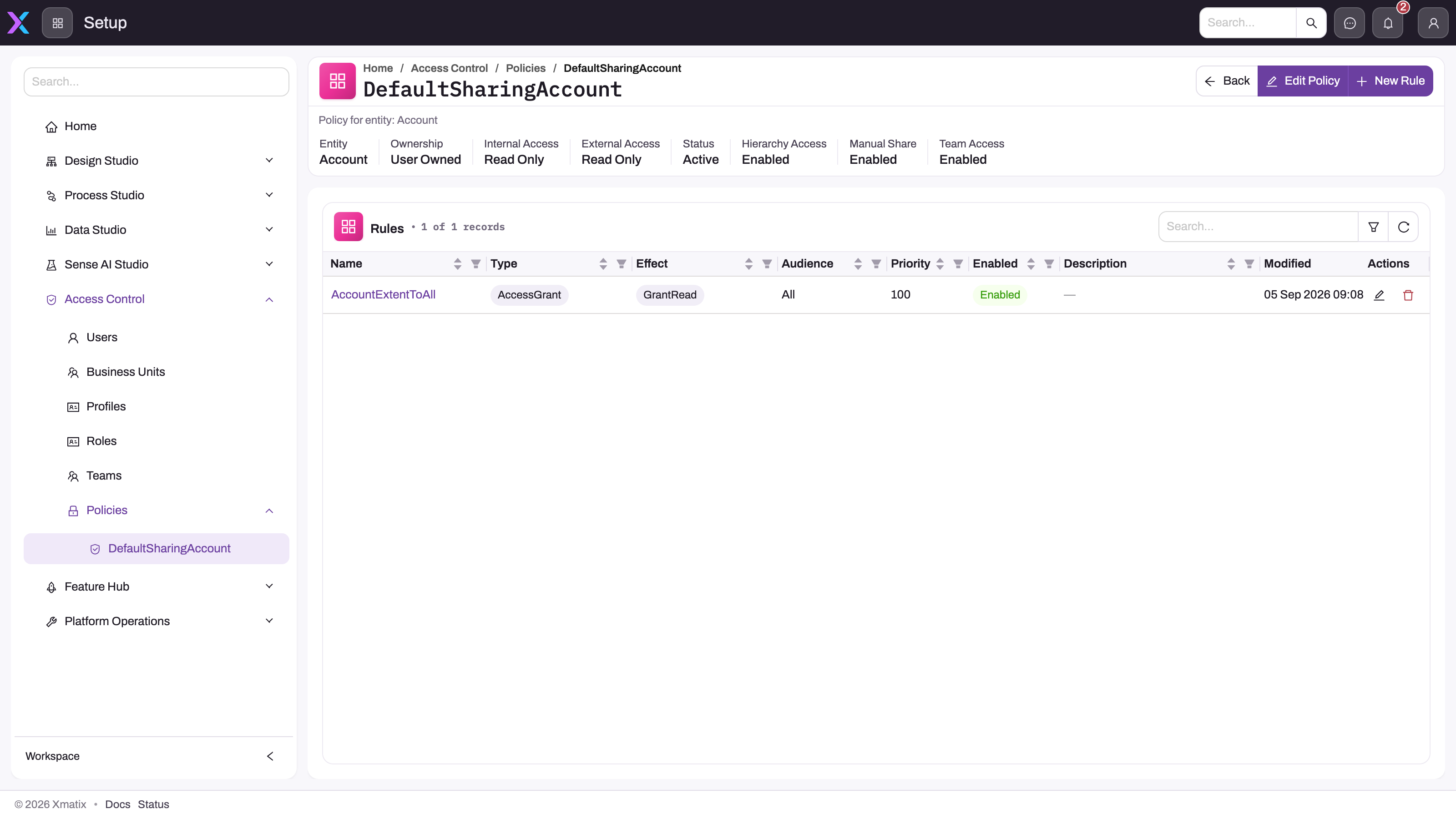 Sharing policy detail for the Account entity: ownership User Owned, internal and external default access Read Only, hierarchy access, manual share and team access enabled, with one AccessGrant rule of effect GrantRead