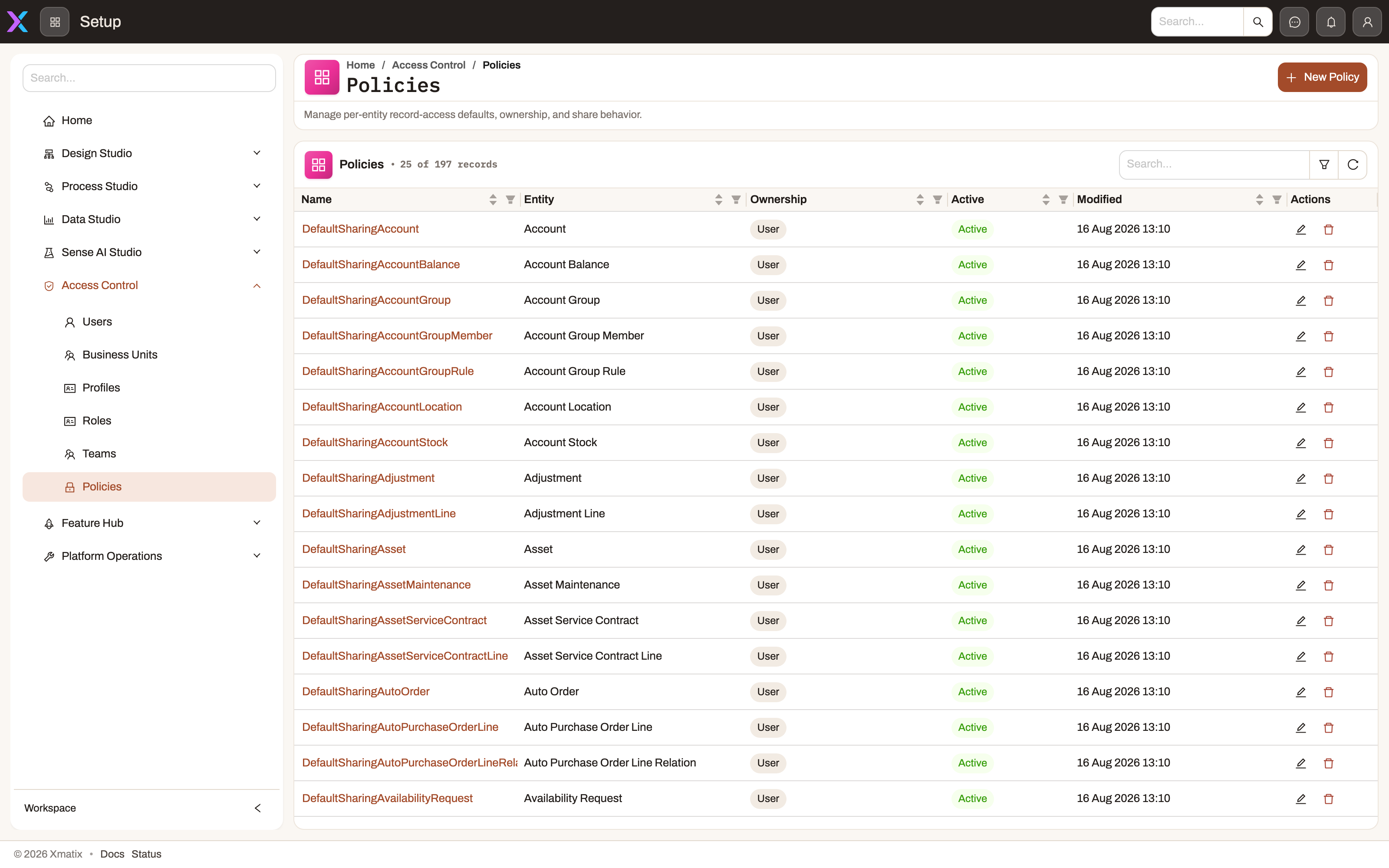 The Policies screen — one record-access policy per entity, each showing its ownership model and status