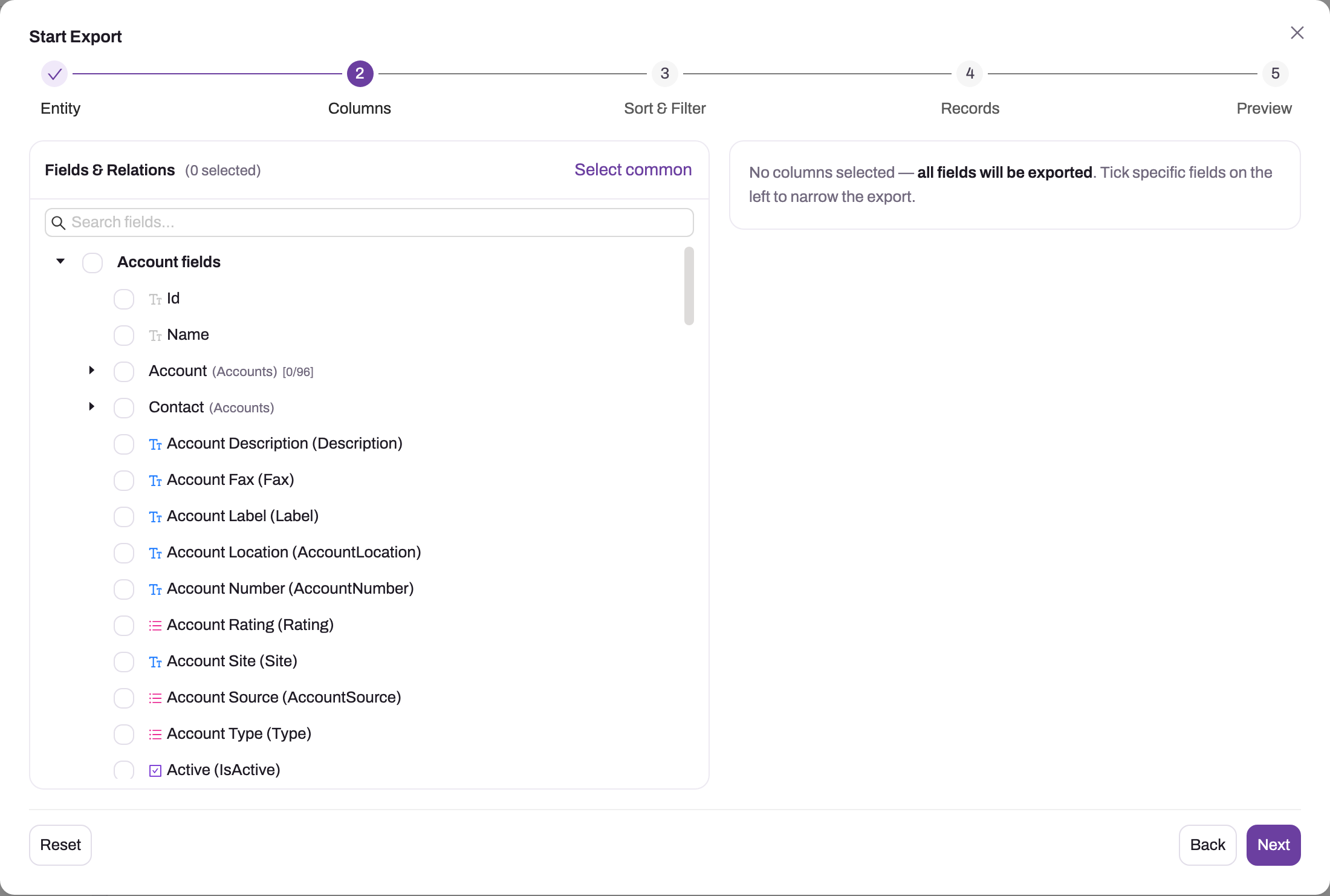Start Export wizard on the Columns step for the Account entity: a Fields & Relations tree on the left and an empty Selected Fields panel on the right