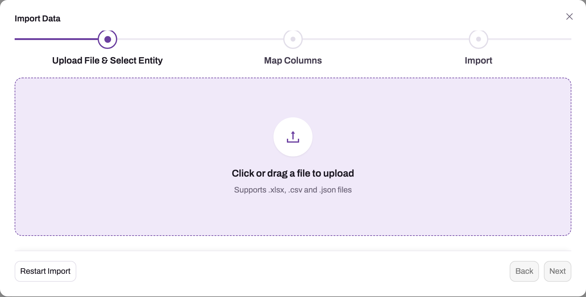 Import Data wizard on its first step, Upload File & Select Entity, with the file drop area and the Map Columns and Import steps ahead
