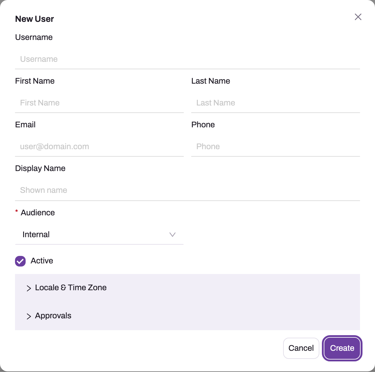 New User dialog with Username, First Name, Last Name, Email, Phone, Display Name, the required Audience selector set to Internal, the Active toggle, and collapsed Locale & Time Zone and Approvals sections