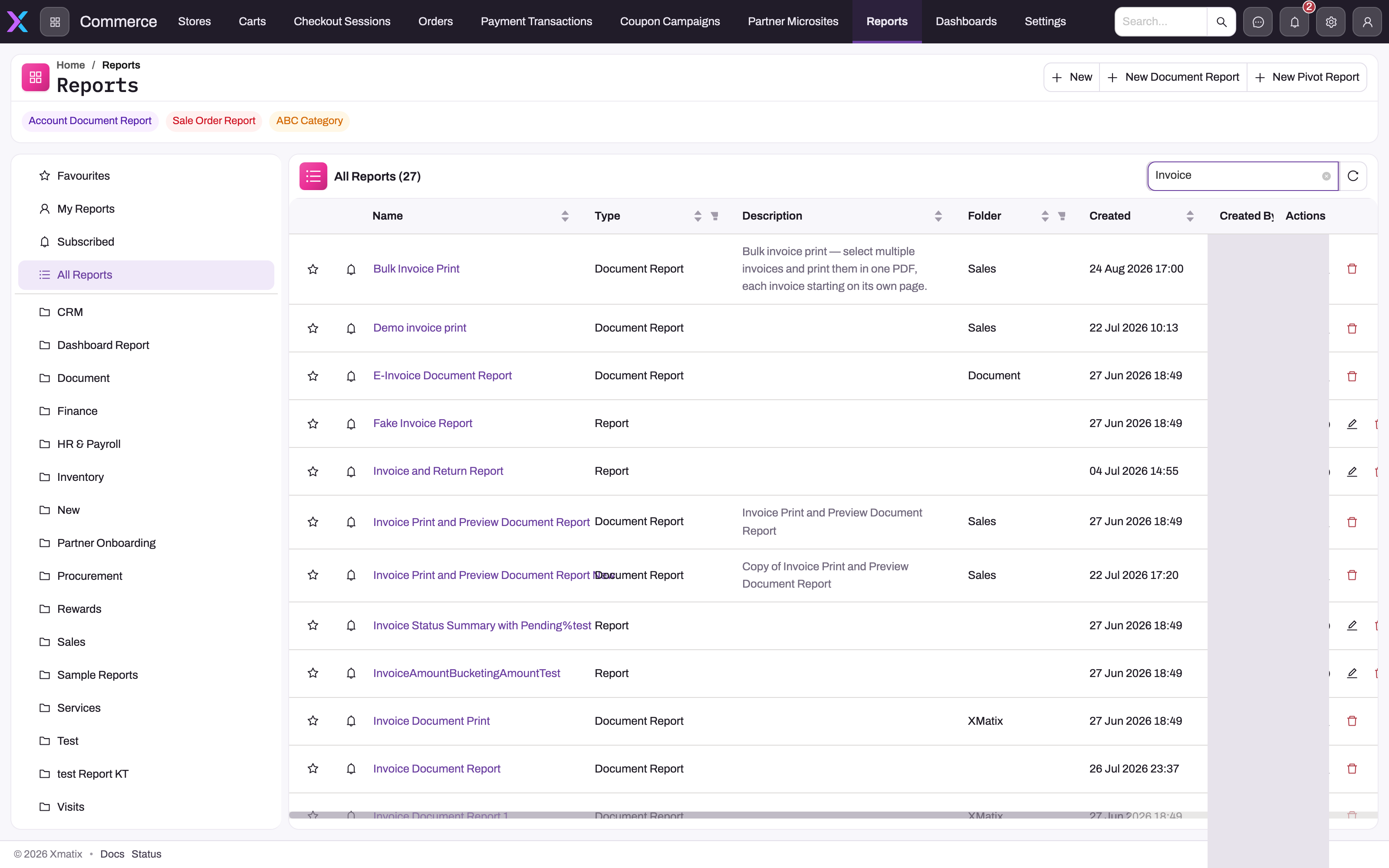 Reports library filtered by the word Invoice: rows typed Document Report (Bulk Invoice Print, E-Invoice Document Report, Invoice Print and Preview Document Report, Invoice Document Print) alongside rows typed Report, with the New Document Report action in the page header