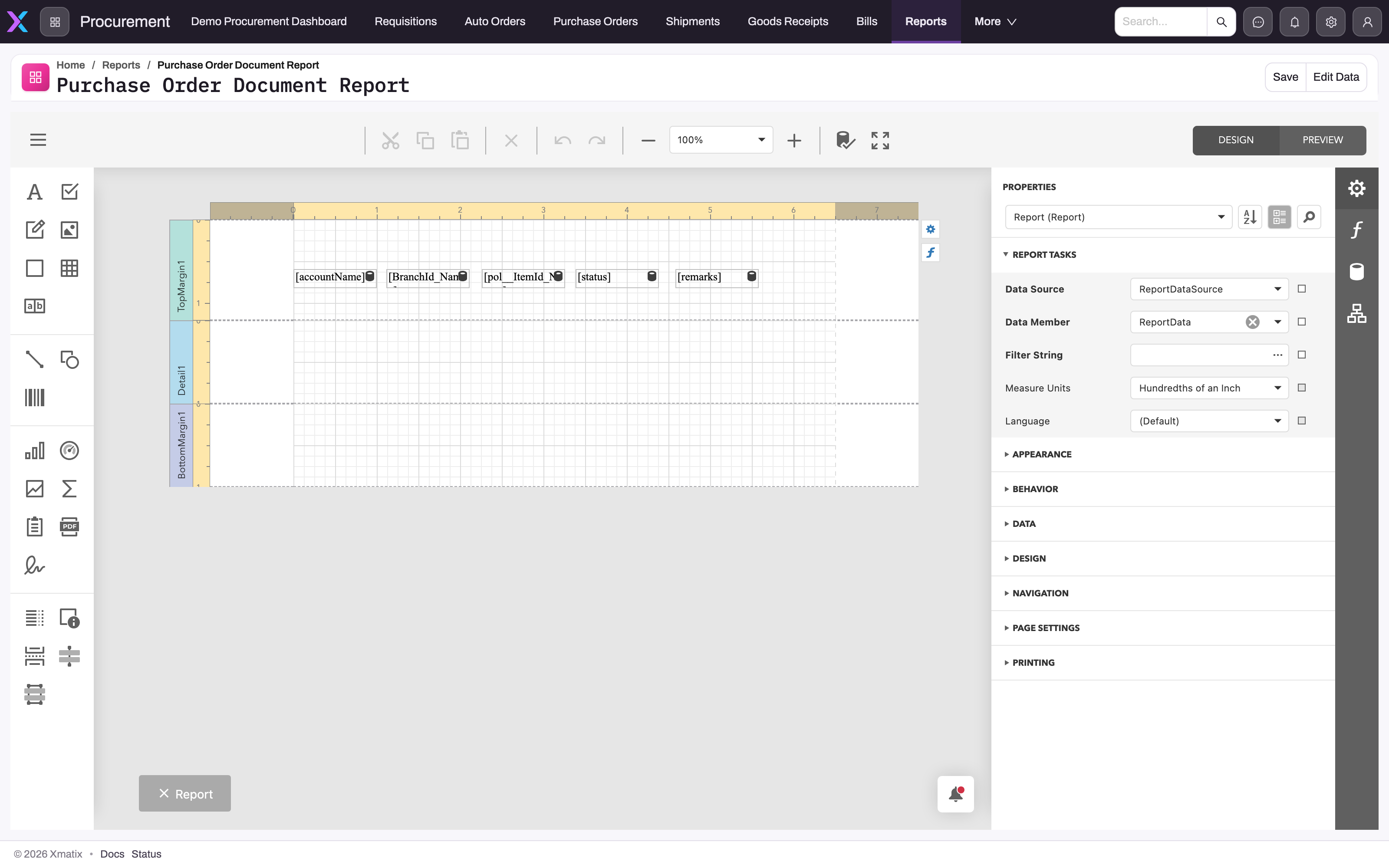Purchase Order Document Report open in the report designer: the control toolbox on the left, a banded canvas with TopMargin, Detail and BottomMargin bands and bound fields such as accountName and status in the detail band, the Properties panel with Report Tasks (Data Source, Data Member, Filter String, Measure Units, Language) on the right, the DESIGN / PREVIEW switch, and Save and Edit Data in the page header