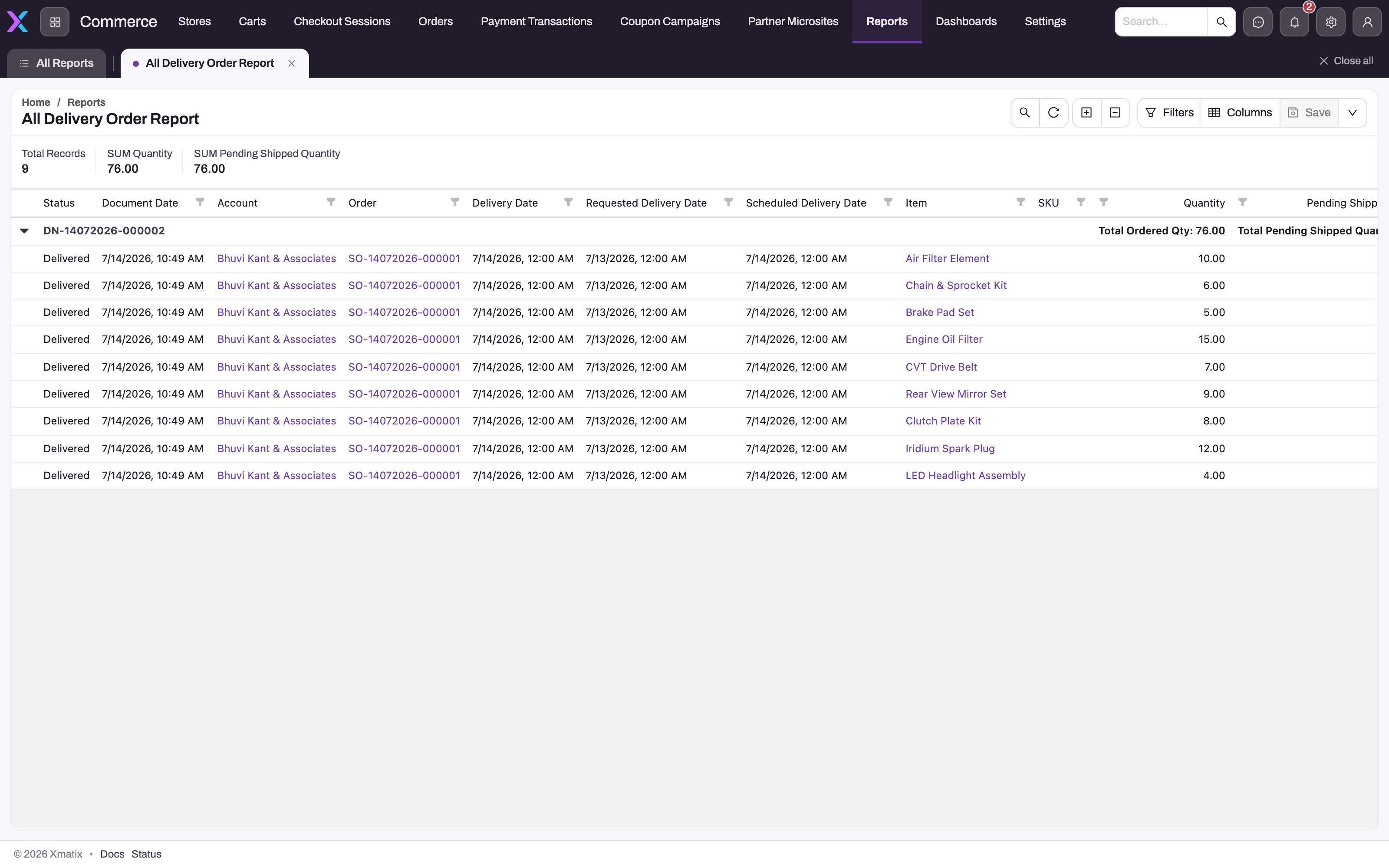 All Delivery Order Report open in the grid report viewer: Total Records and SUM summaries in the header, a group row for one delivery note with its Total Ordered Qty subtotal, nine detail rows with Status, Document Date, Account, Order, delivery dates, Item and Quantity, and the toolbar with search, refresh, expand and collapse, Filters, Columns, Save and the actions menu