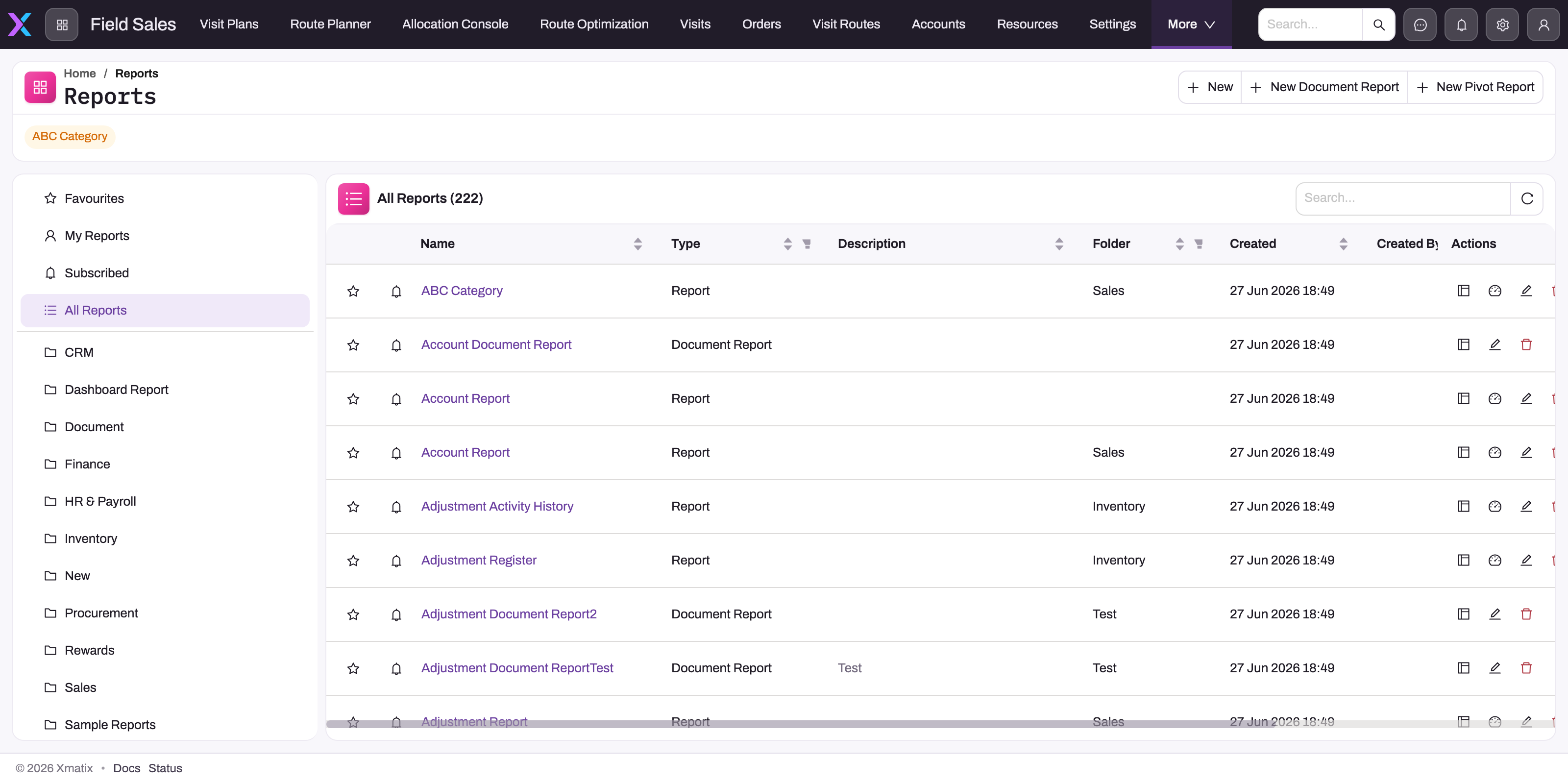 Reports library showing the Favourites, My Reports, Subscribed and All Reports scopes and the folder list on the left, the All Reports table with star and bell toggles, Name, Type, Description, Folder, Created and Created By columns, and the New, New Document Report and New Pivot Report actions in the page header