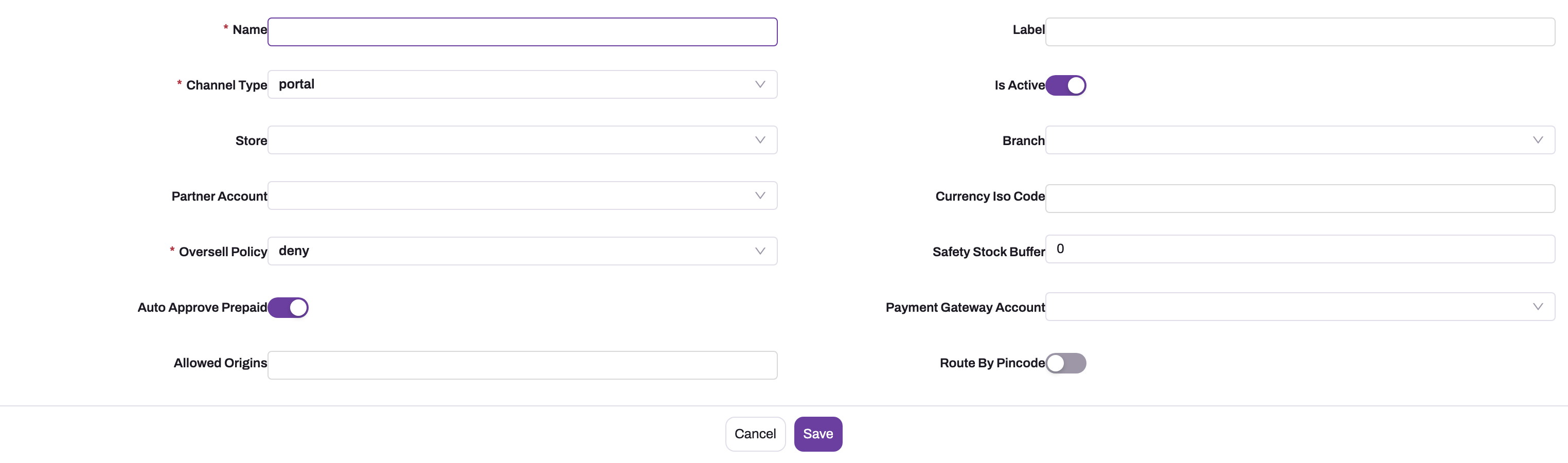 The Commerce Channel create form: Name and Label, Channel Type defaulting to portal, Is Active on, Store and Branch lookups, Partner Account, Currency Iso Code, Oversell Policy defaulting to deny, Safety Stock Buffer 0, Auto Approve Prepaid on, Payment Gateway Account lookup, Allowed Origins and a Route By Pincode switch