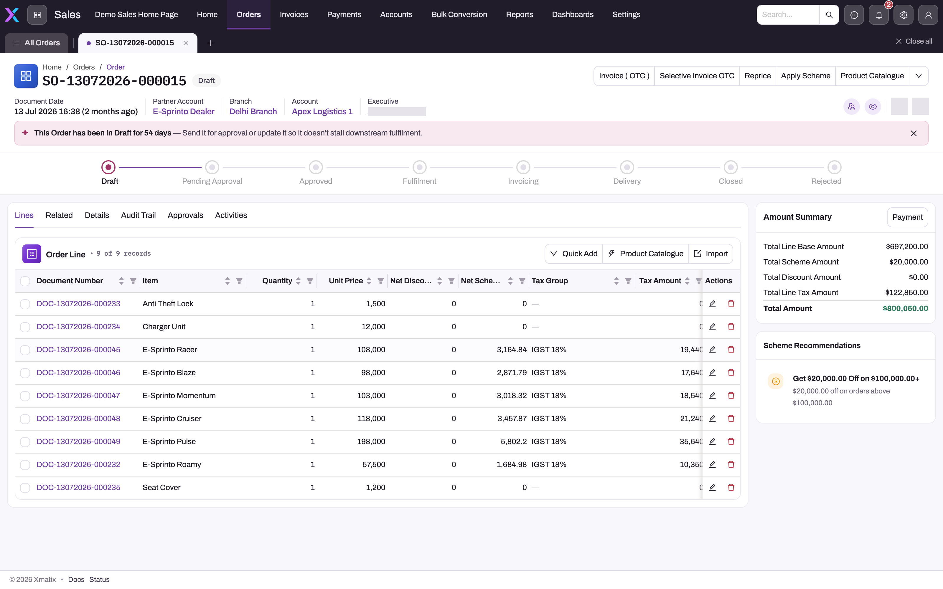 A draft sales order in the Sales app: header actions Invoice (OTC), Selective Invoice OTC, Reprice, Apply Scheme and Product Catalogue; Partner Account, Branch and Account context; the Draft → Pending Approval → Approved → Fulfilment → Invoicing → Delivery → Closed status ladder; the Order Line grid with Quick Add, Product Catalogue and Import; and an Amount Summary and Scheme Recommendations panel