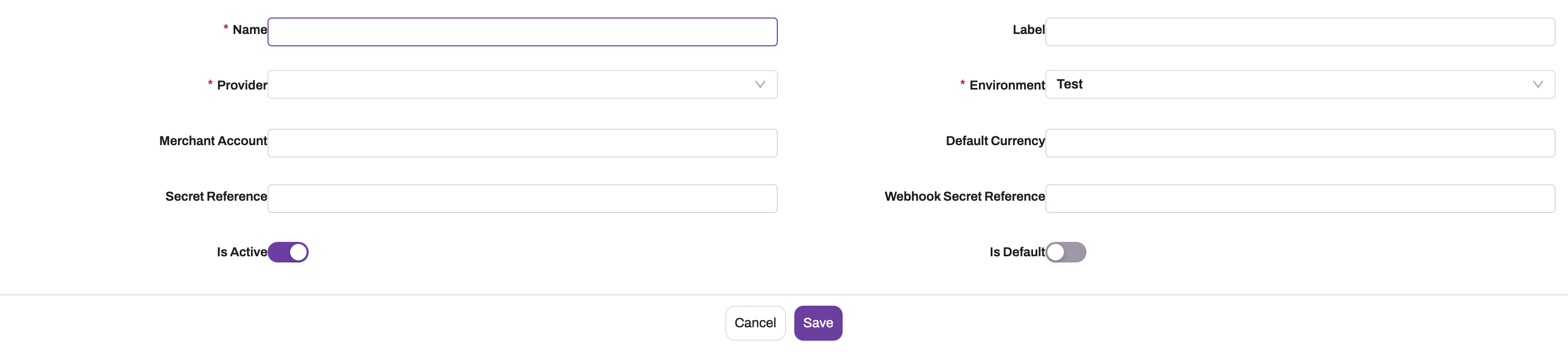 The Payment Gateway Account create form in the Commerce app: Name and Label, a required Provider select, Environment defaulting to Test, Merchant Account, Default Currency, Secret Reference and Webhook Secret Reference text fields, and Is Active (on) and Is Default (off) switches