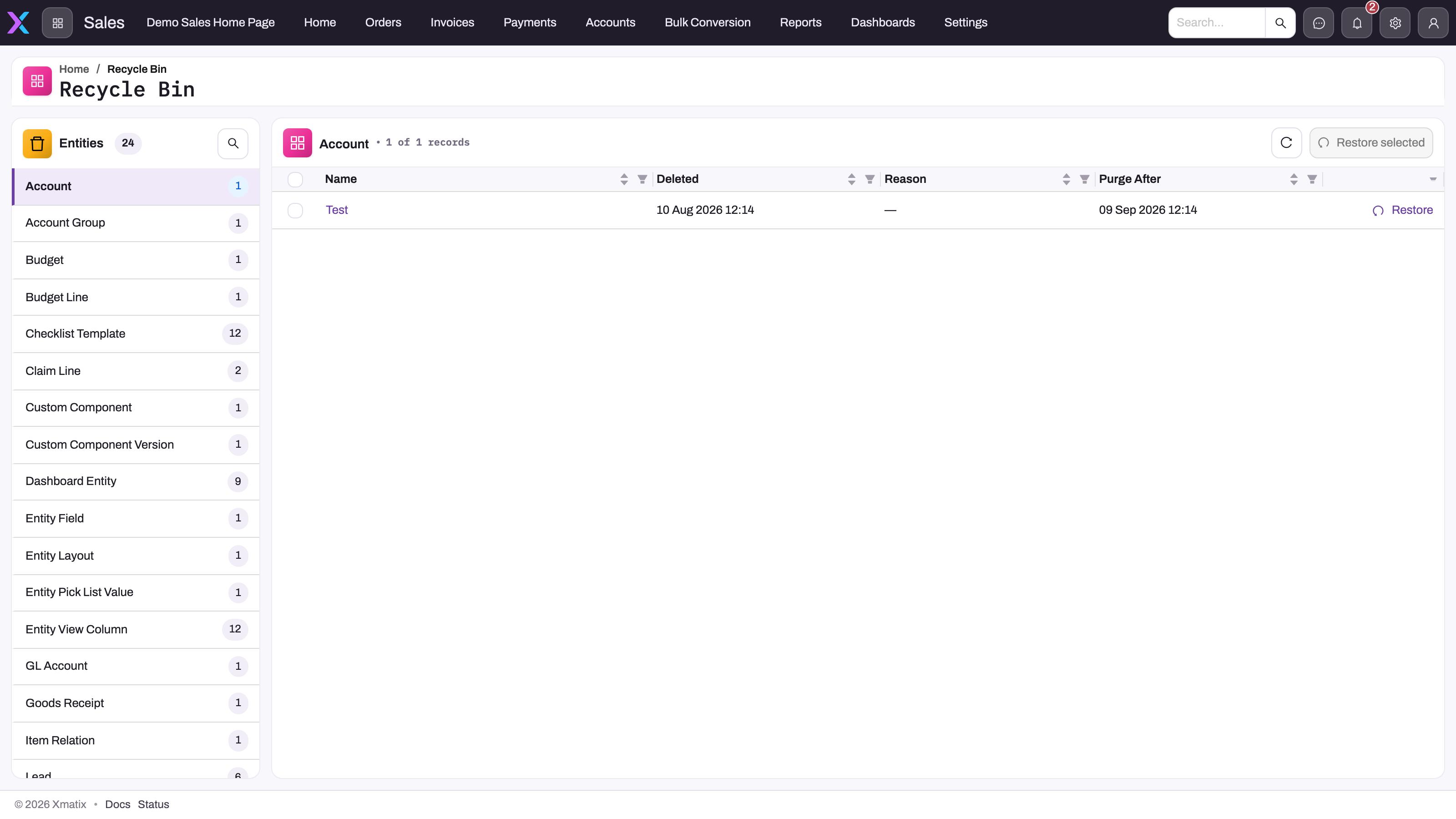 Recycle Bin with the Entities list on the left (Account selected, 24 entities with deleted rows) and one soft-deleted Account row showing Name, Deleted, Reason, Purge After and a Restore action