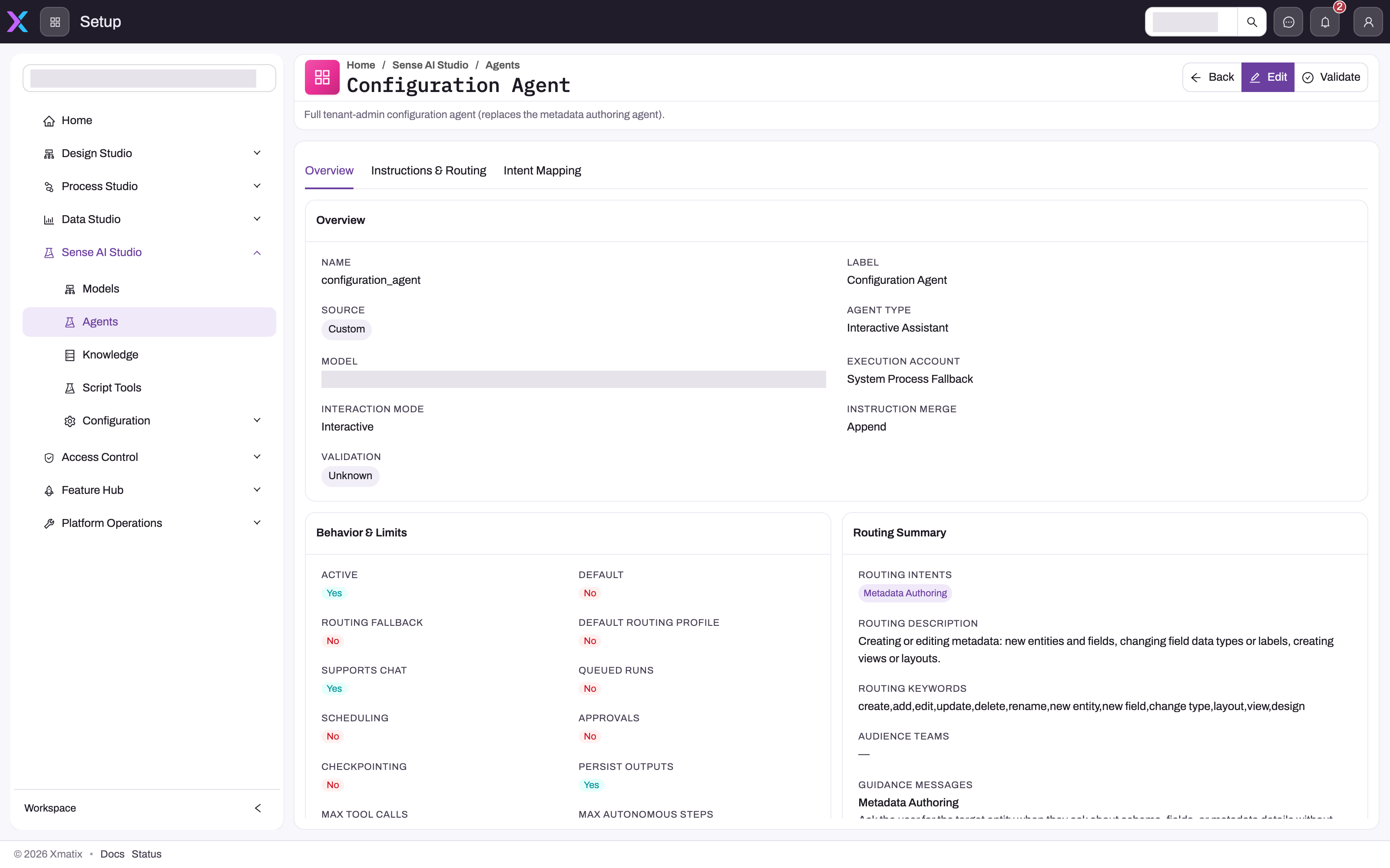 An agent's detail page in Sense AI Studio → Agents: Overview card with name, label, source, agent type, model, execution account (System Process Fallback), interaction mode and validation; a Behavior & Limits card with Active, Default, Supports Chat, Queued Runs, Scheduling, Approvals, Checkpointing, Persist Outputs and the start of Max Tool Calls / Max Autonomous Steps; a Routing Summary card with intents, description, keywords and audience teams