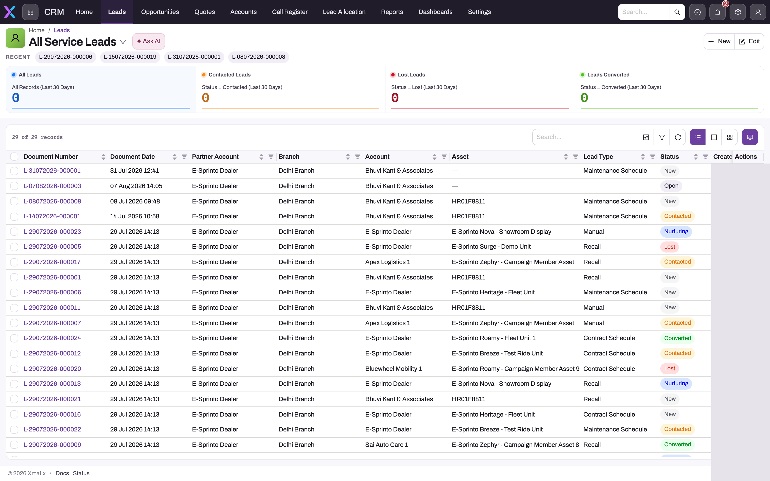 CRM Leads list (All Service Leads view) with summary cards for All, Contacted, Lost and Converted leads and rows showing Document Number, Document Date, Partner Account, Branch, Account, Asset, Lead Type and Status badges New, Open, Contacted, Nurturing, Lost and Converted (Created By masked)