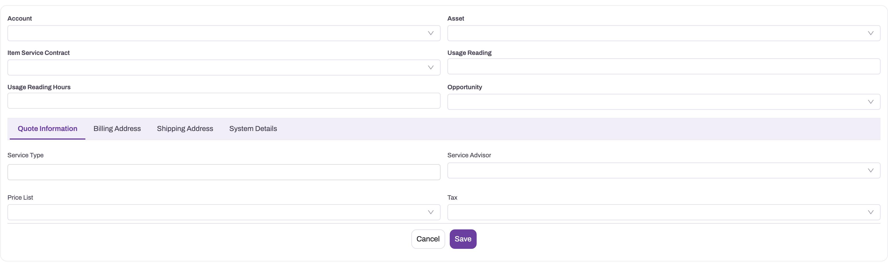 Quote creation panel with account, asset, opportunity, service, pricing and tax fields