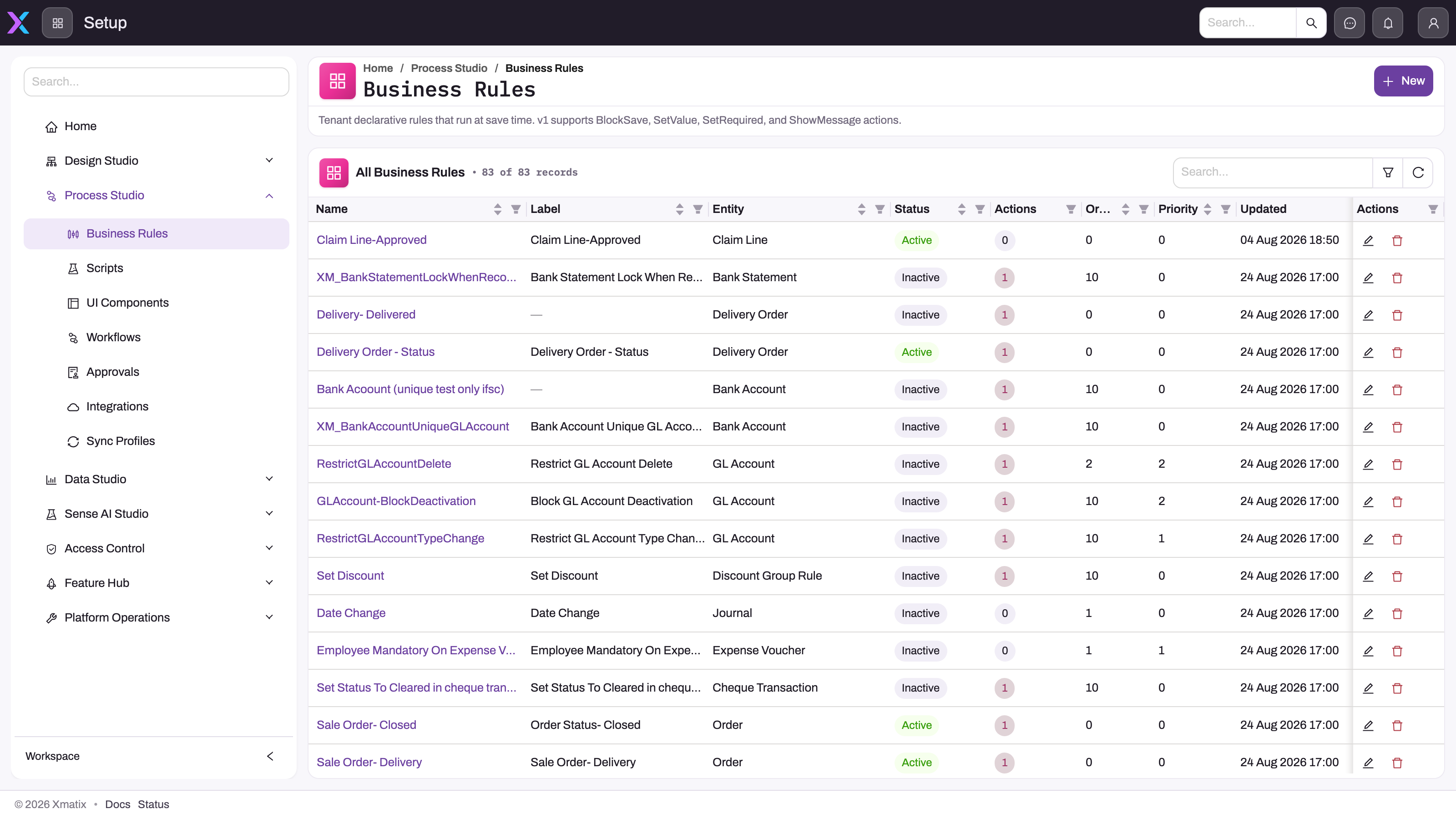 Setup Business Rules register with rule rows visible and the broader customization navigation visible