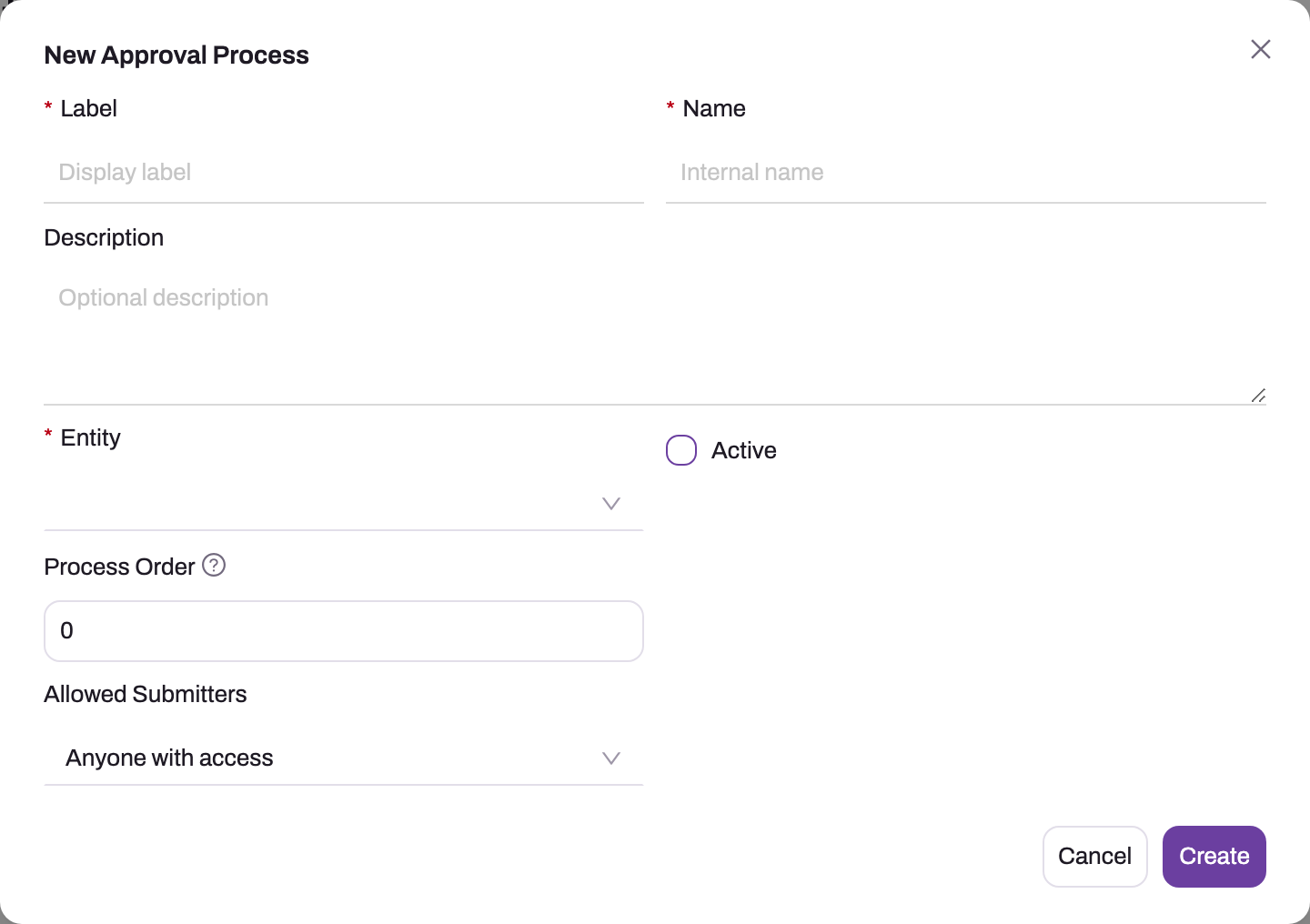 New Approval Process dialog with Label, Name, Description, Entity, Active checkbox, Process Order and Allowed Submitters (Anyone with access), and Cancel / Create buttons