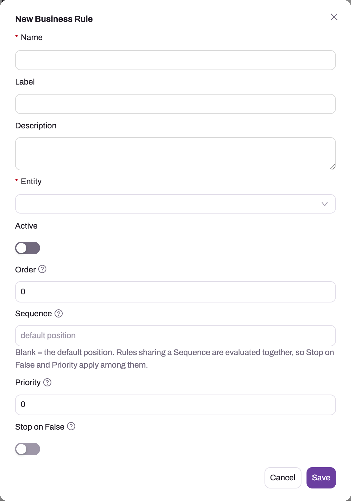 New Business Rule dialog with Name, Label, Description, Entity, Active, Order, Sequence, Priority and Stop on False