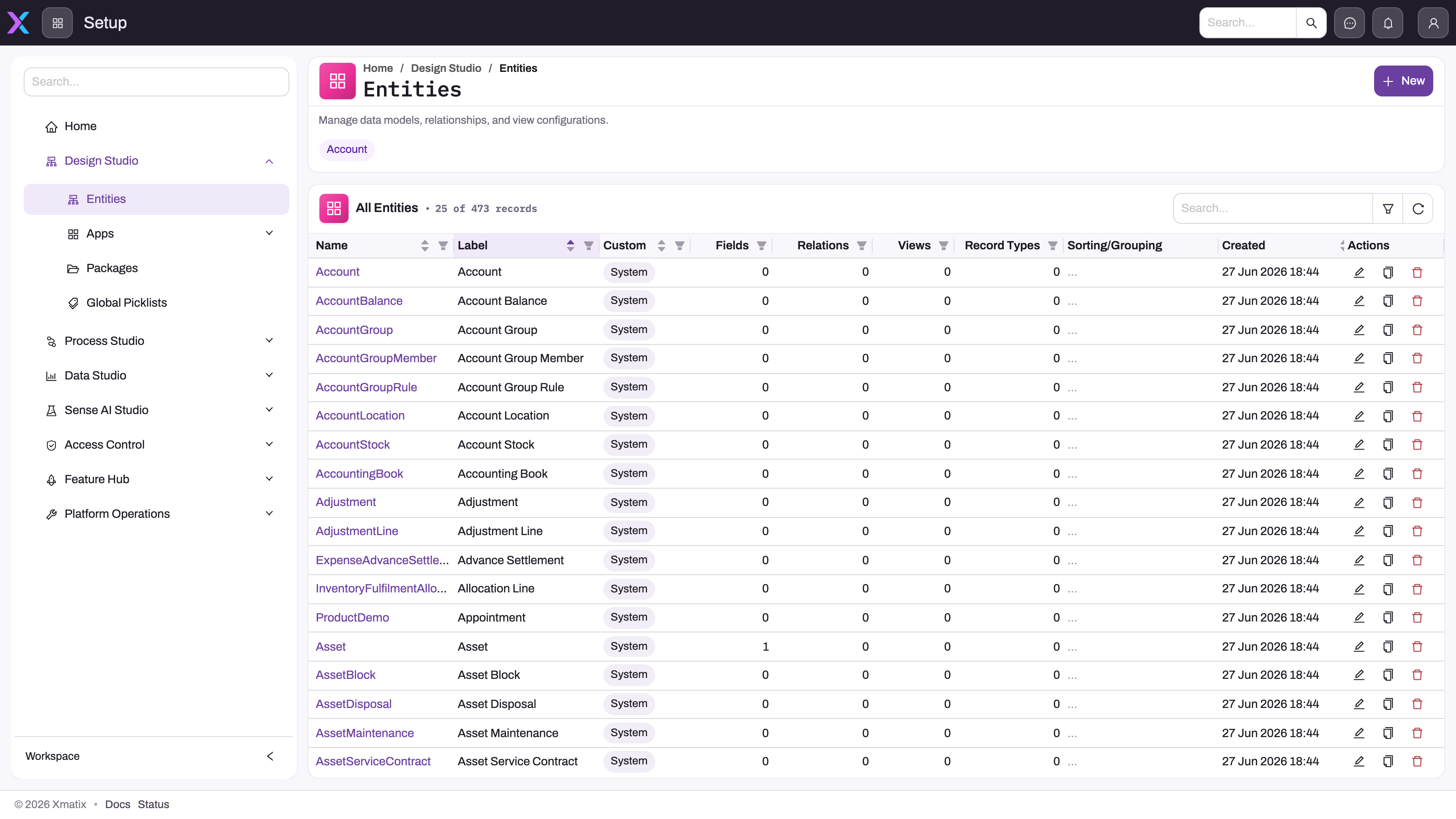 Design Studio Entities register with metadata rows visible and schema-dependency columns visible