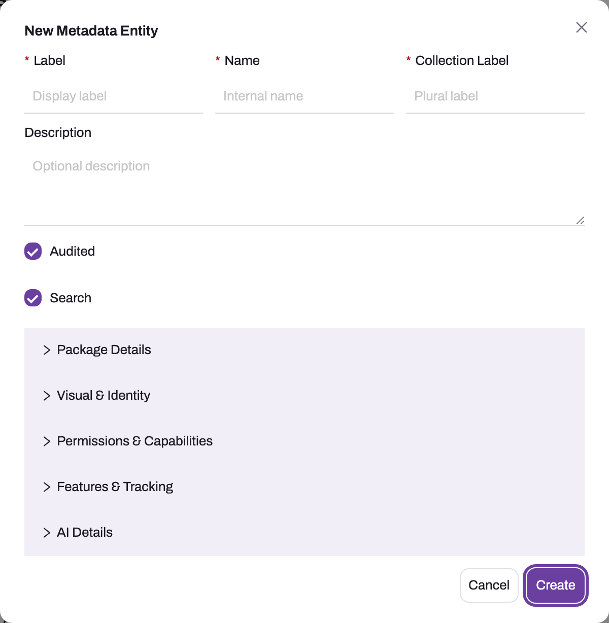 New Metadata Entity dialog with labels, internal name, behavior switches and advanced sections
