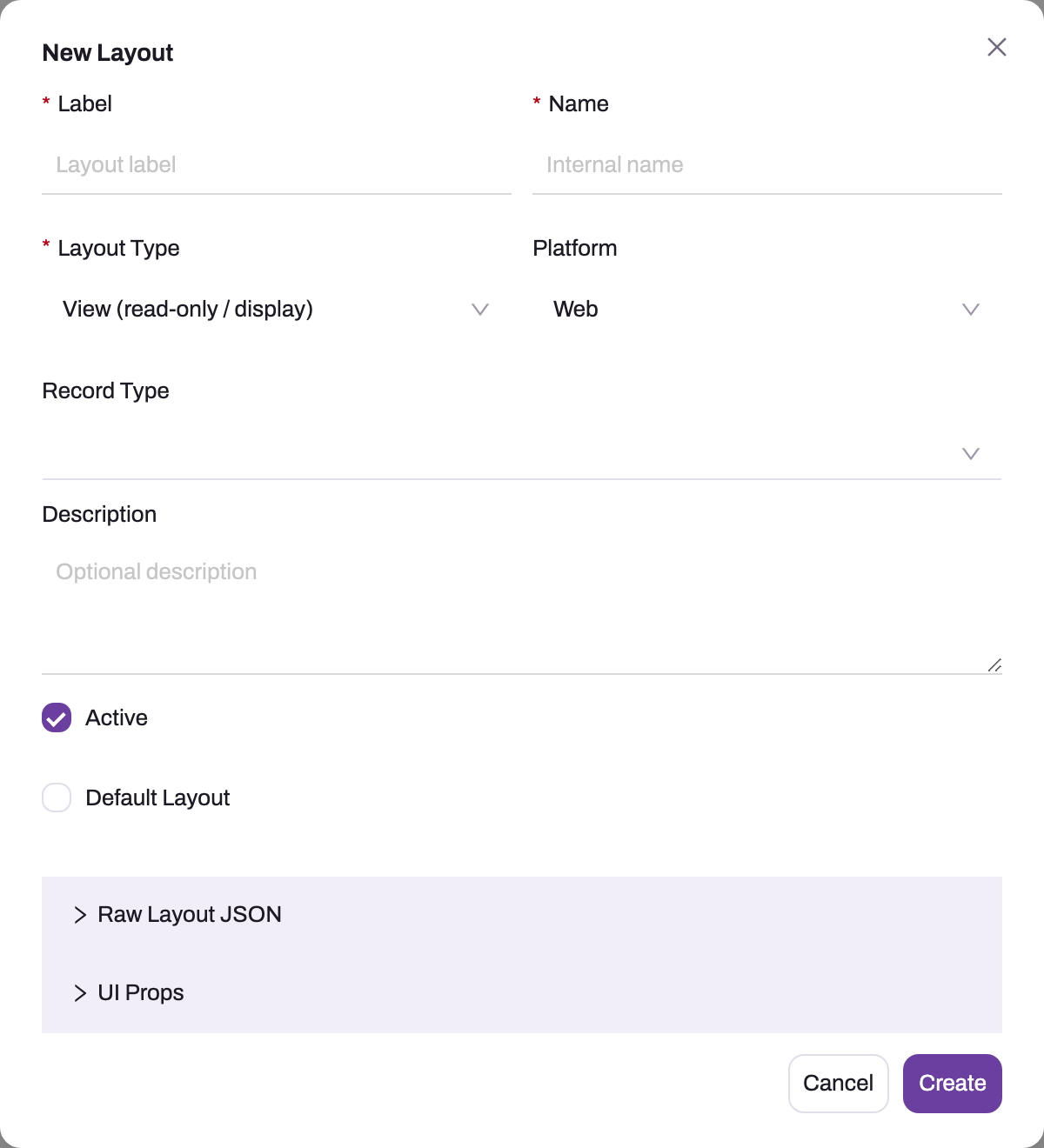 New Layout dialog with label, internal name, layout type, platform, record type and default settings