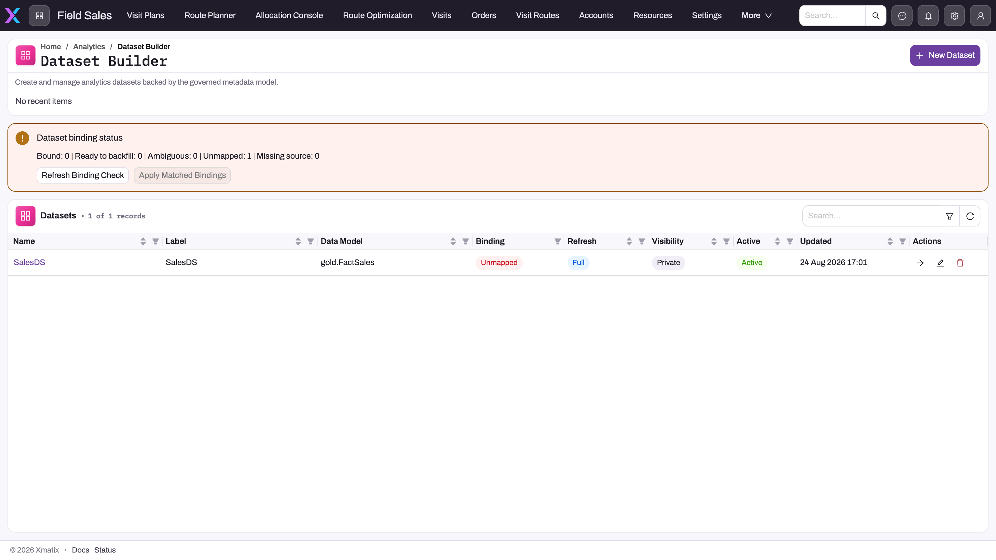Dataset Builder page with the Dataset binding status panel and the Datasets table showing one dataset row