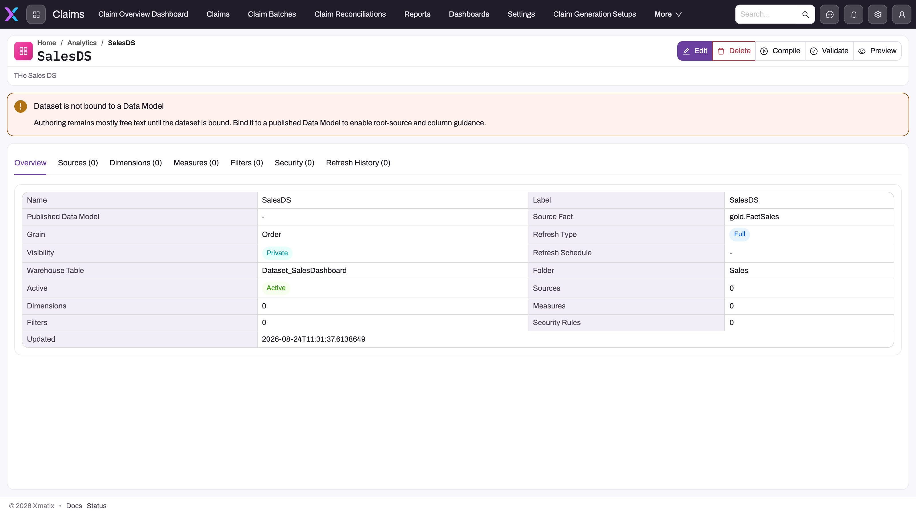 Dataset workspace showing the Edit, Delete, Compile, Validate and Preview header actions, the unbound-model banner, the Overview, Sources, Dimensions, Measures, Filters, Security and Refresh History tabs, and the Overview fields