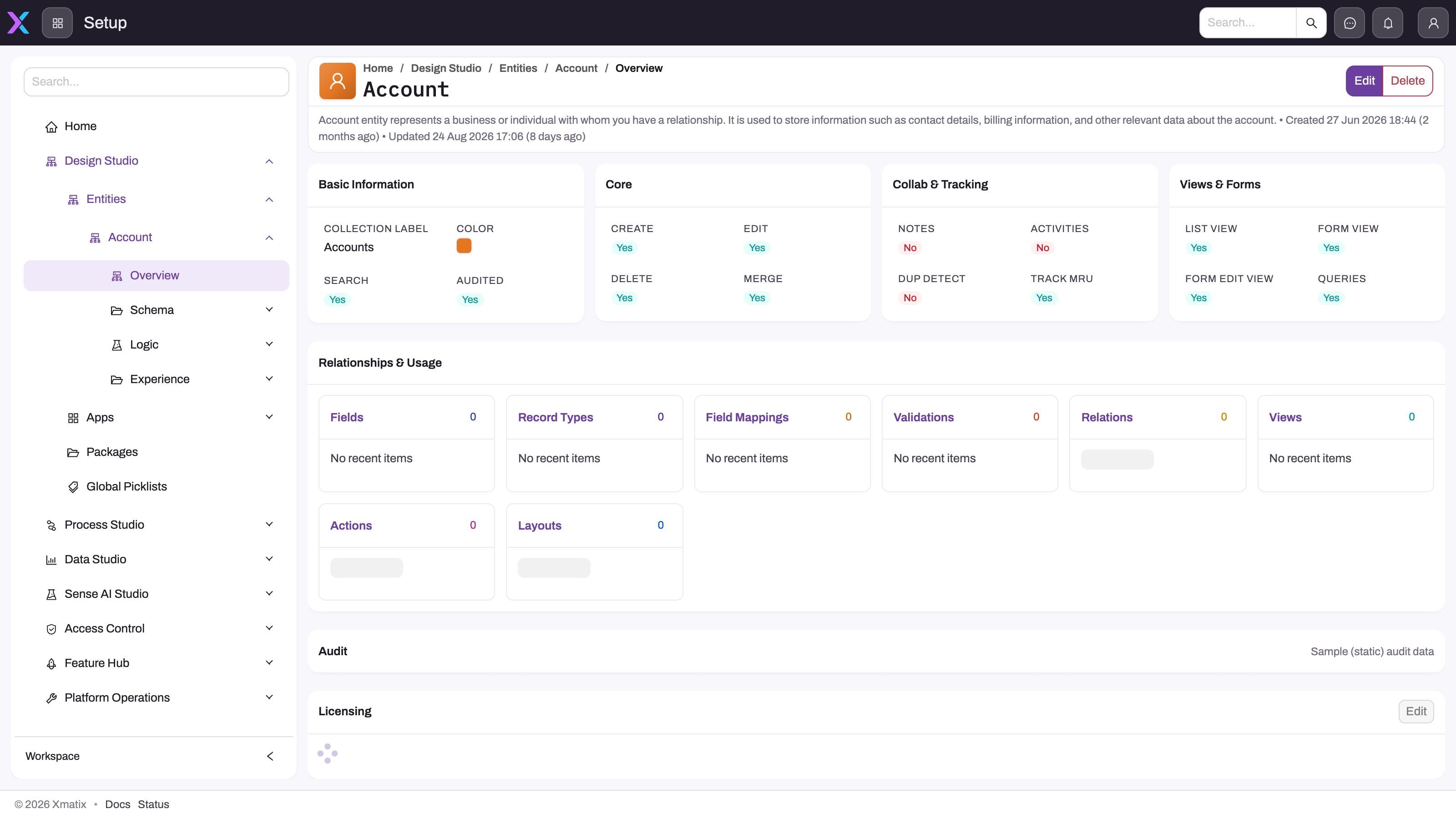 Account entity overview in Design Studio with capability cards and links to related metadata
