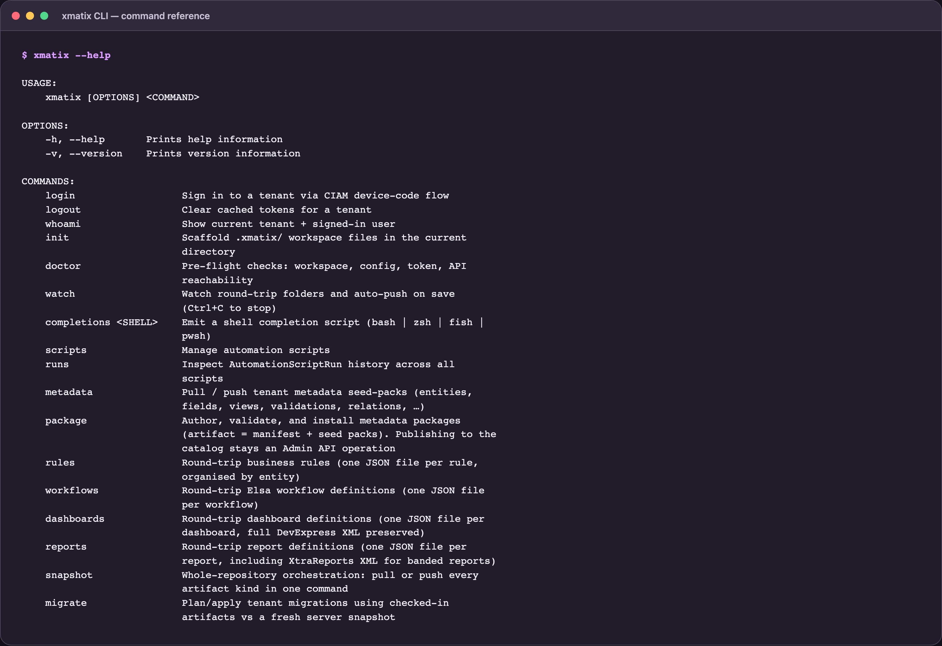 Terminal showing the xmatix CLI usage, options and artifact-management commands