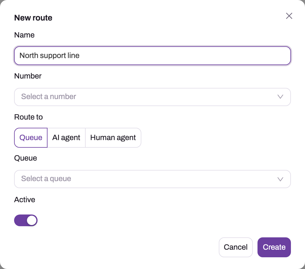 New route dialog with Name, Number, the Route to choice (Queue, AI agent, Human agent), a Queue selector and the Active switch