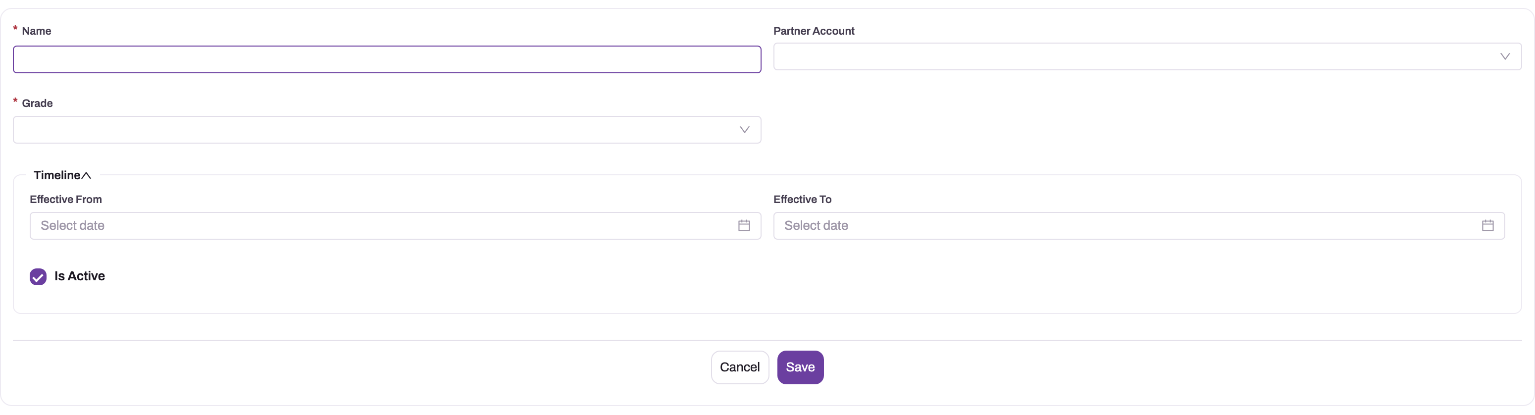 Expense Policy form showing exact partner-account scope, grade, effective dates and active status