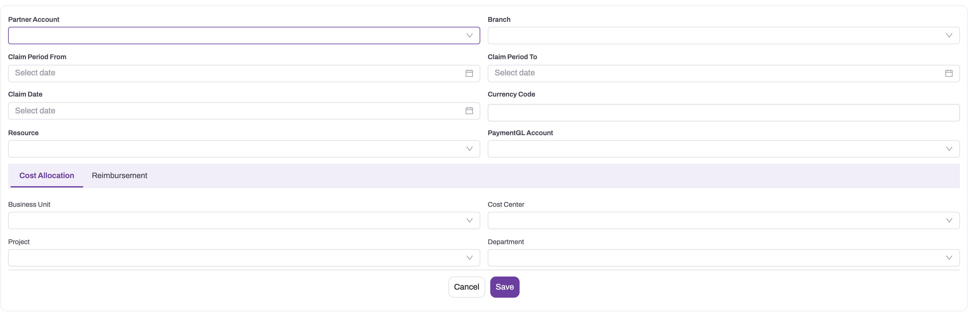 Expense Claim creation panel with claim period, date, employee, currency, payment and cost-allocation fields