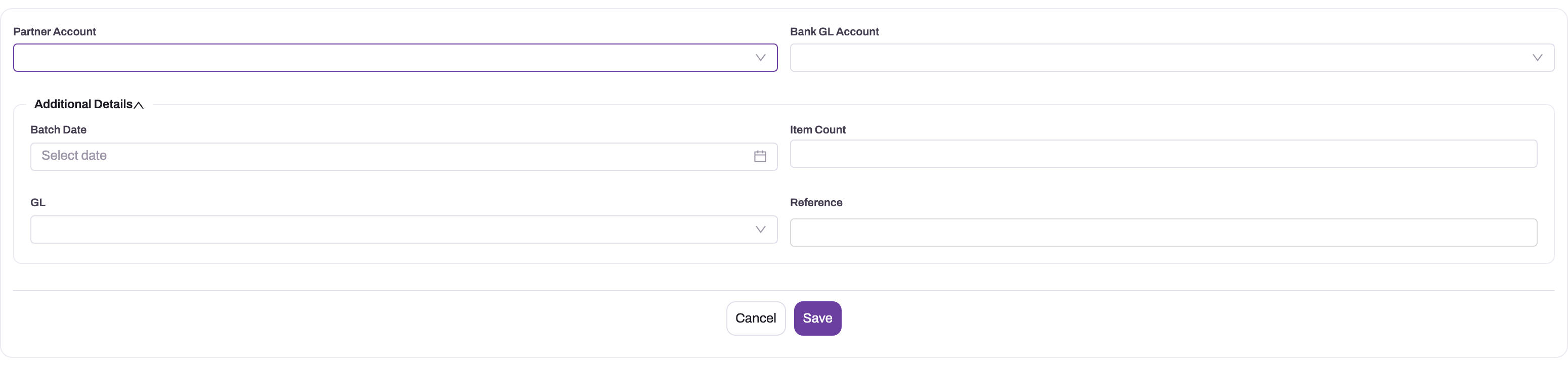 Expense reimbursement batch creation panel with Partner Account, Bank GL Account, Batch Date, Item Count, GL and Reference