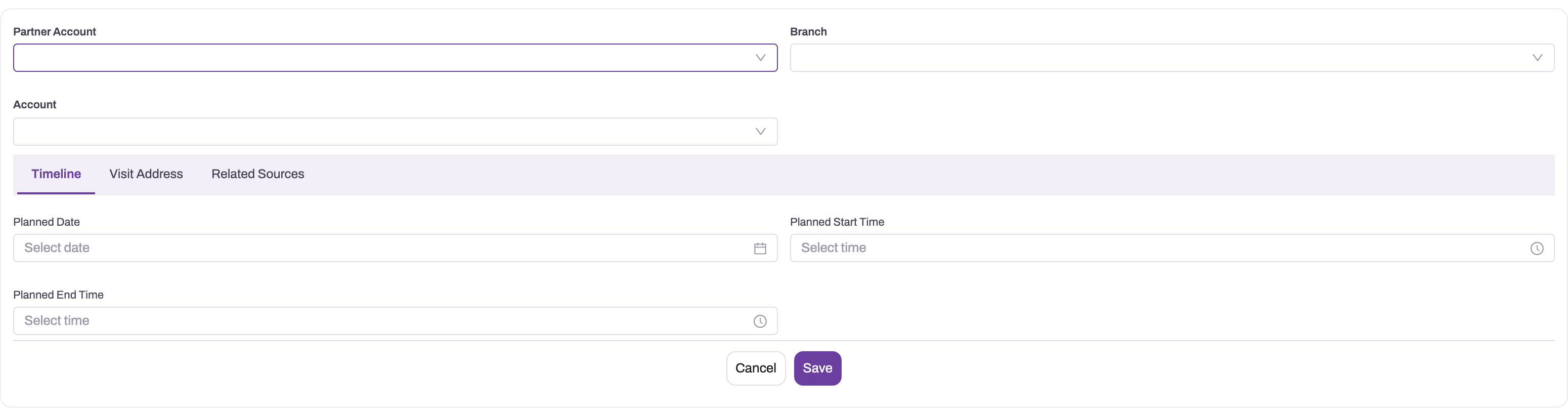 Unsaved New Visit form showing Partner Account, Branch, Account and the selected Timeline tab