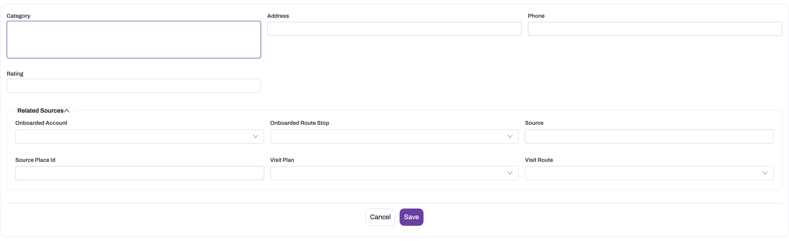 Prospect creation panel with category, address, phone, rating and source linkage fields