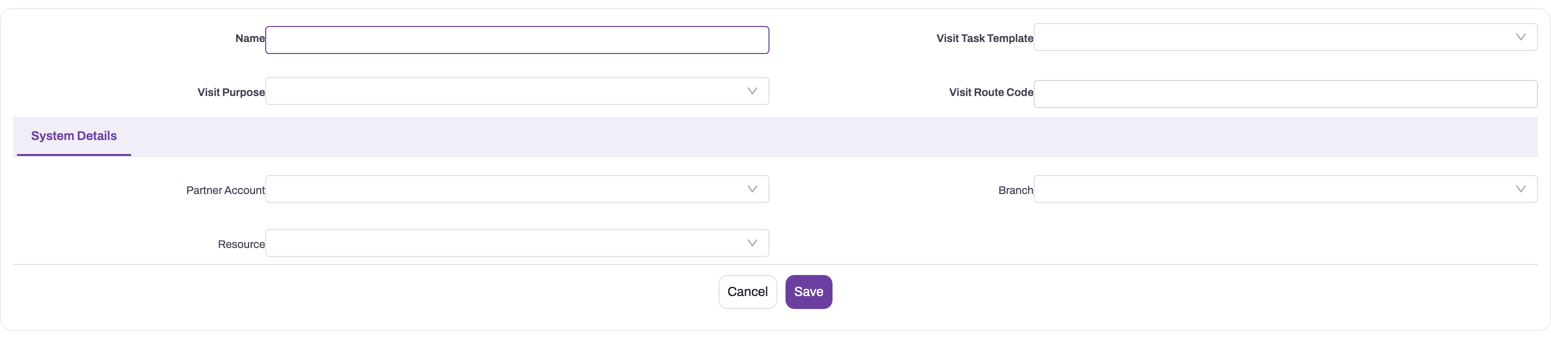 Visit Route Group form showing purpose, template, account, branch and resource context