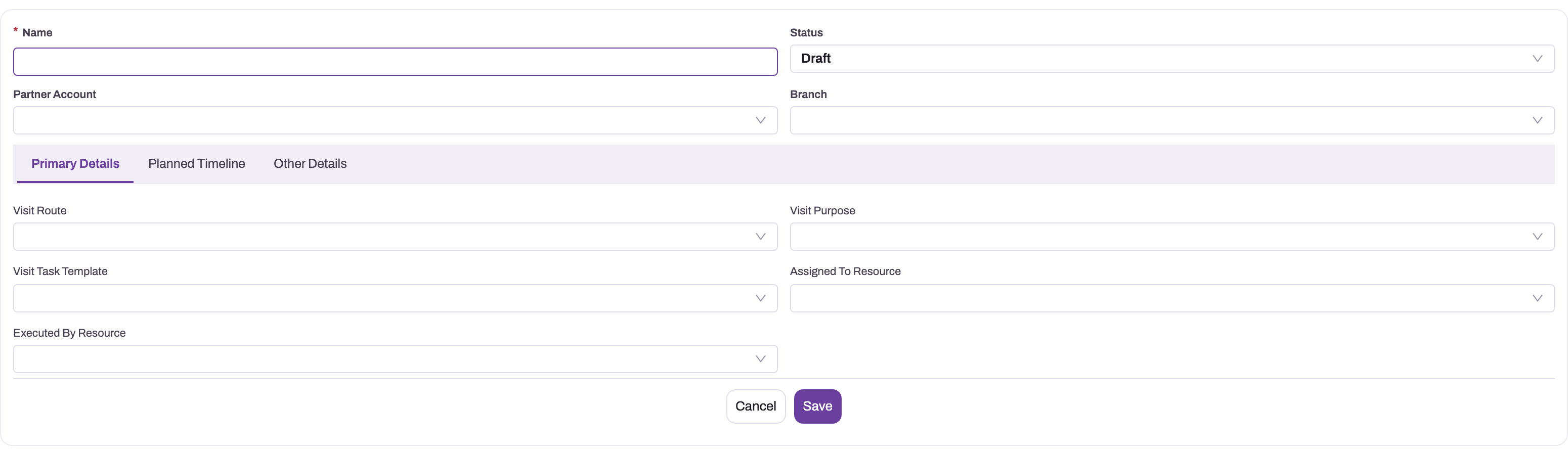 Visit Plan form showing status, route, purpose, task template and assigned resources
