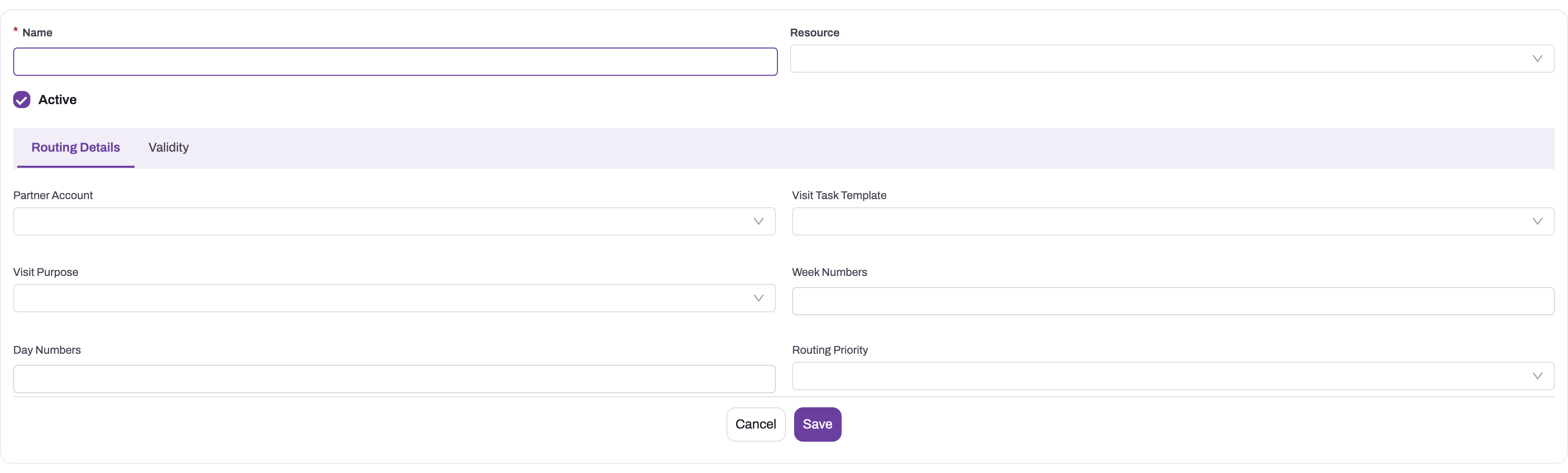 Visit Route form showing owner, active state, purpose, schedule and task template