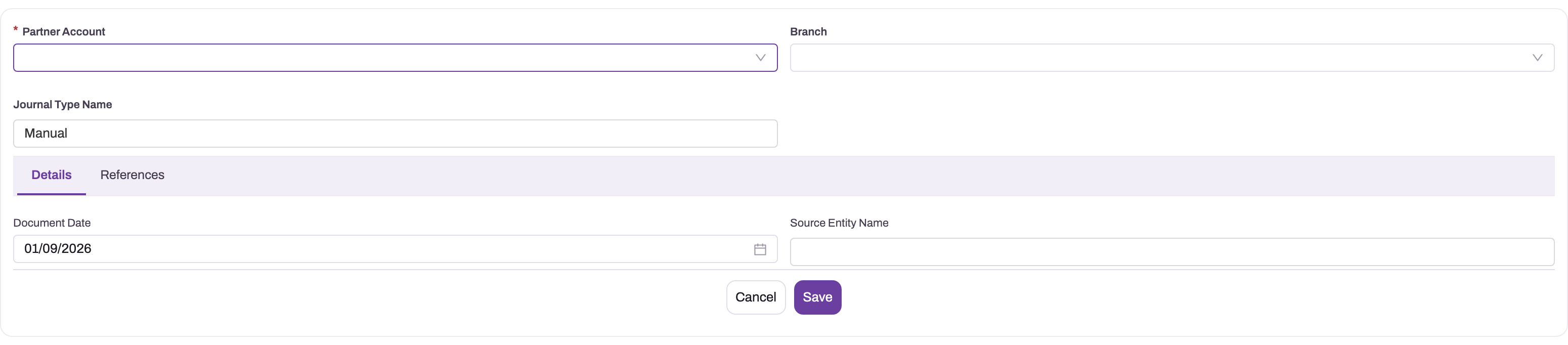 New Manual Journal form showing company, branch, date and source references