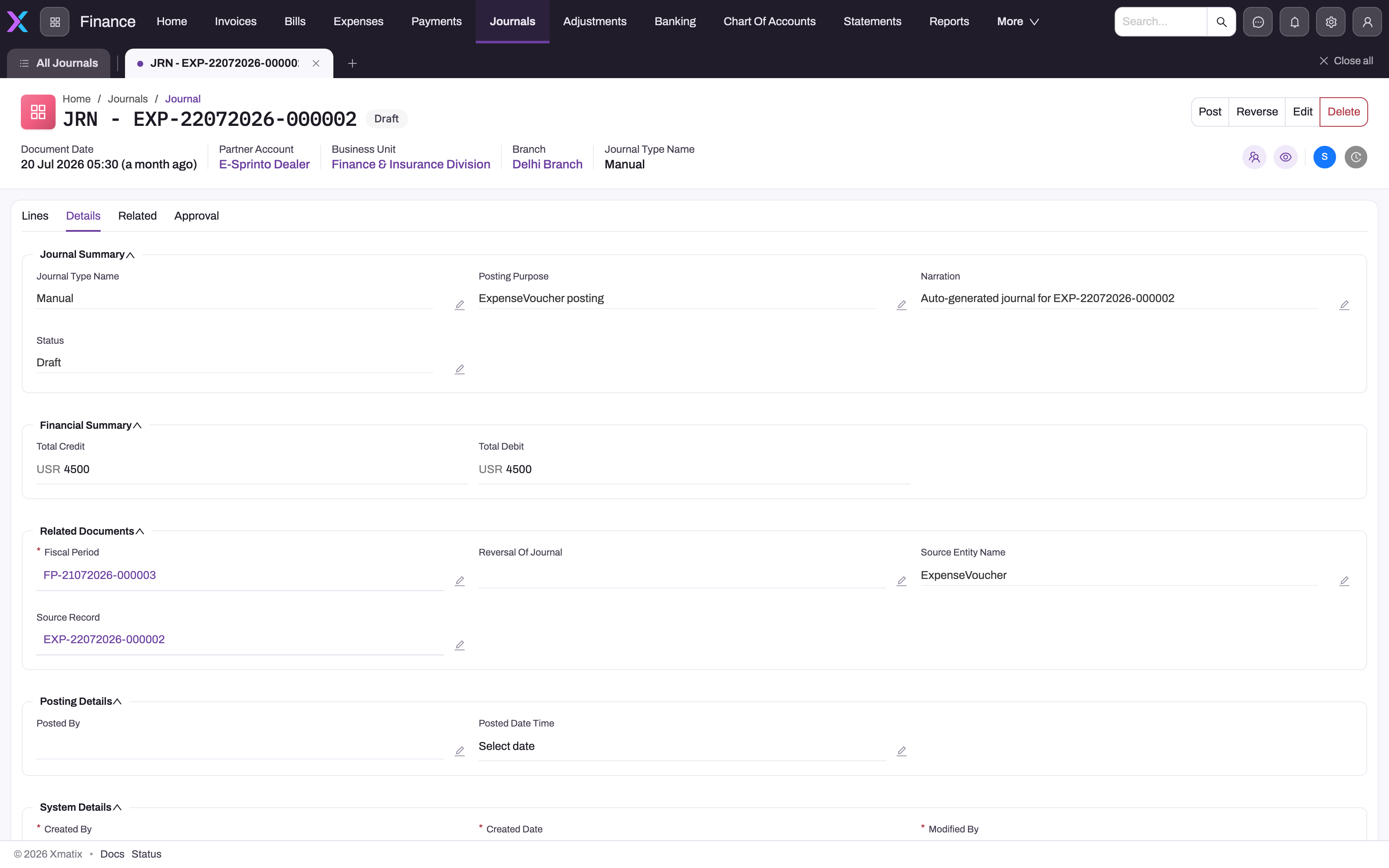 Draft expense journal Details tab showing summary, balanced totals, fiscal period and source record