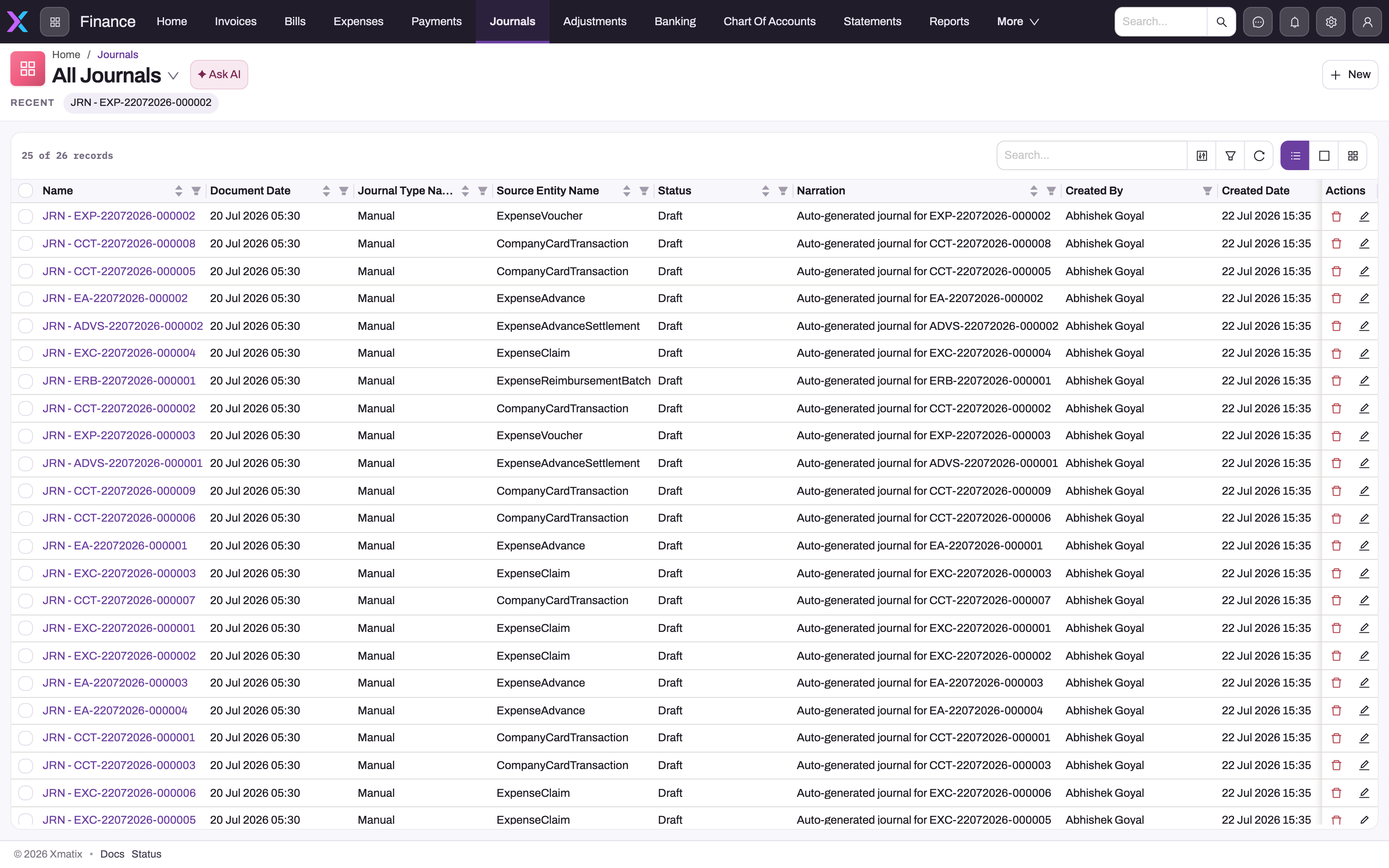 Populated Journal list showing document dates, types, source entities, statuses and narrations