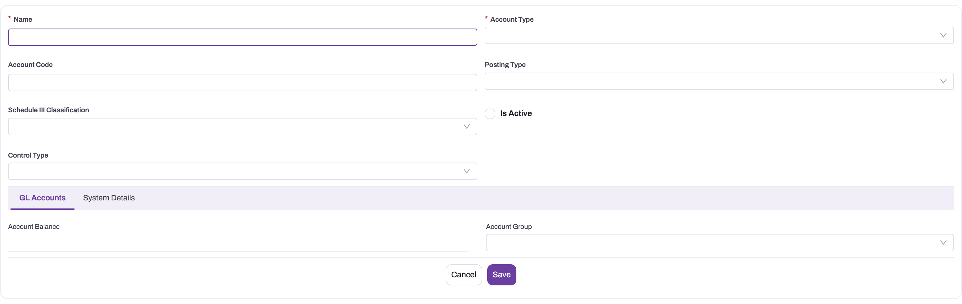 New GL Account form showing identity, account classification and GL Accounts tab fields