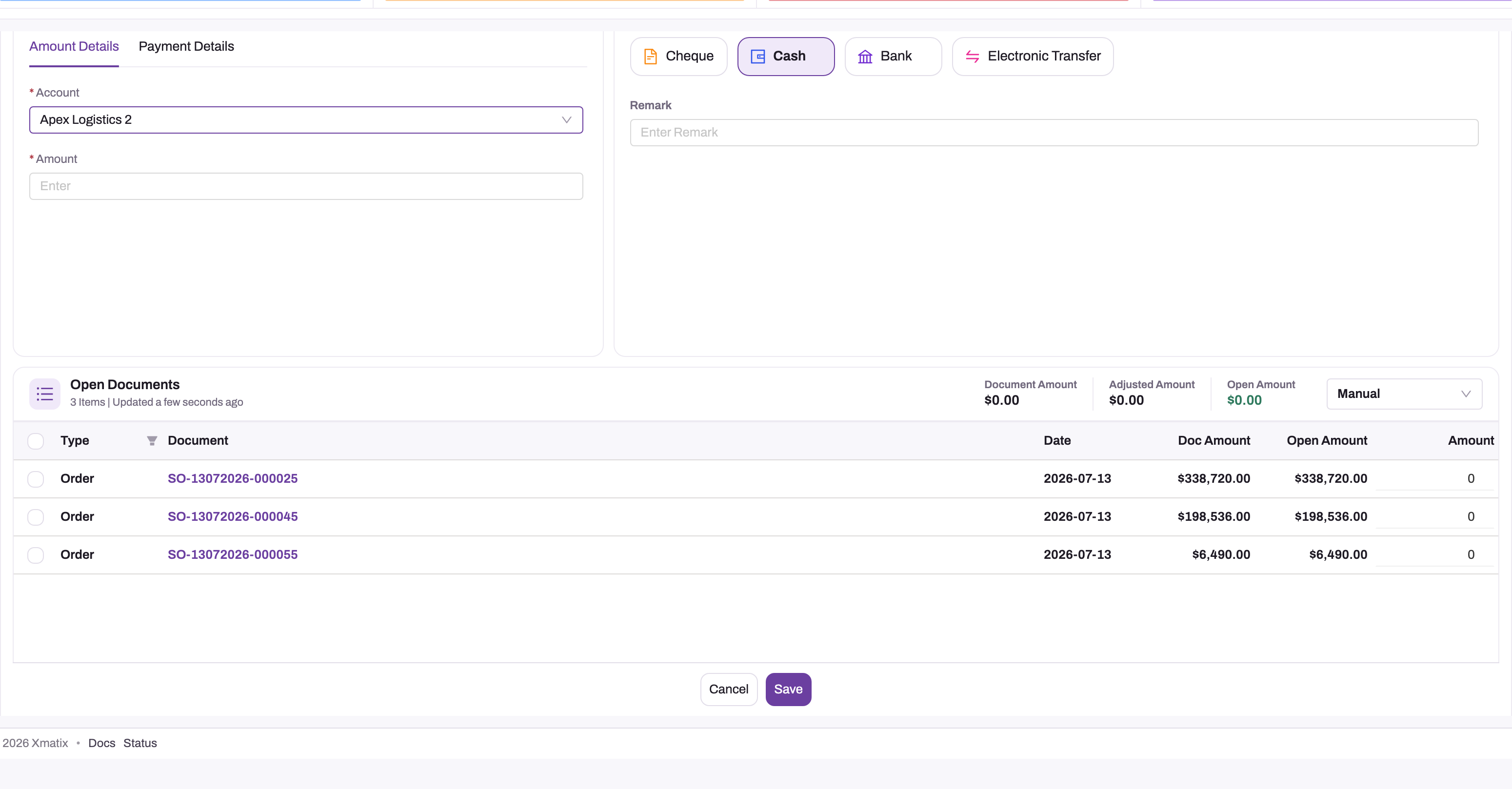 New Payment form with the Account selected, Amount empty, the Cash mode chip selected among Cheque, Cash, Bank and Electronic Transfer, and the Open Documents grid listing three open orders with document and open amounts