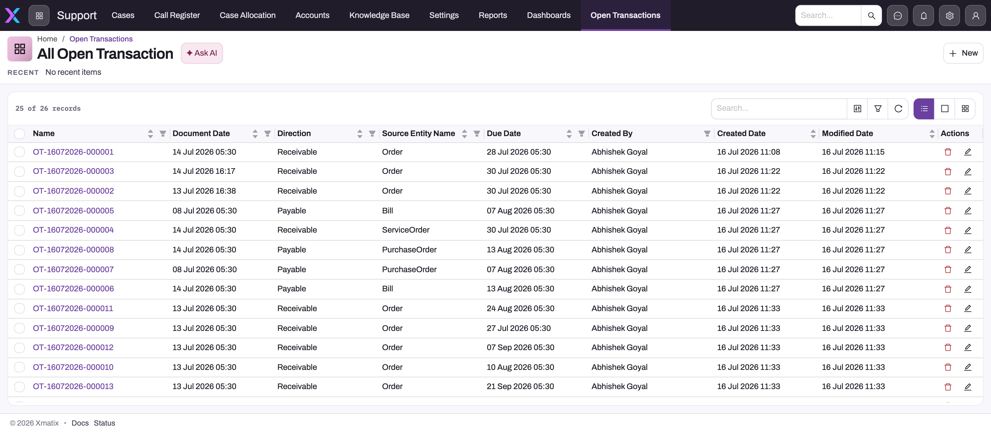 Open Transactions list with synthetic demo2 rows and columns for dates, direction, source and audit fields
