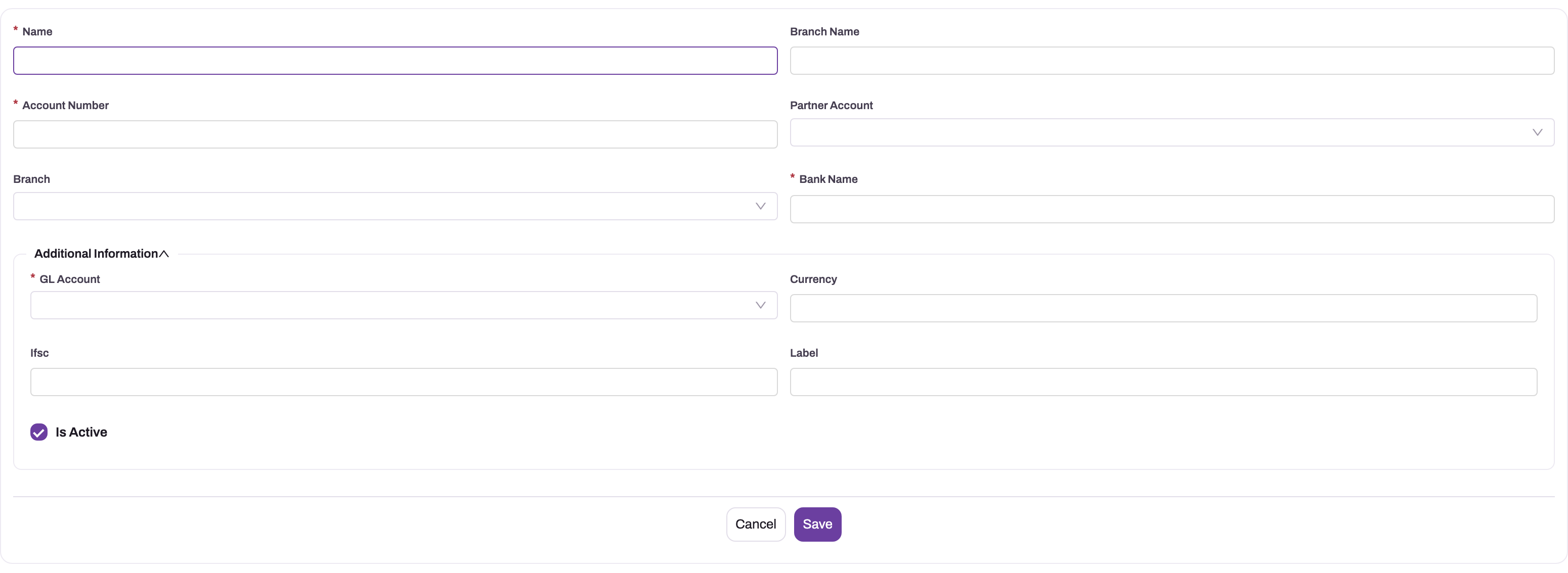 New Bank Account form with account identity, branch, currency and linked GL account fields visible