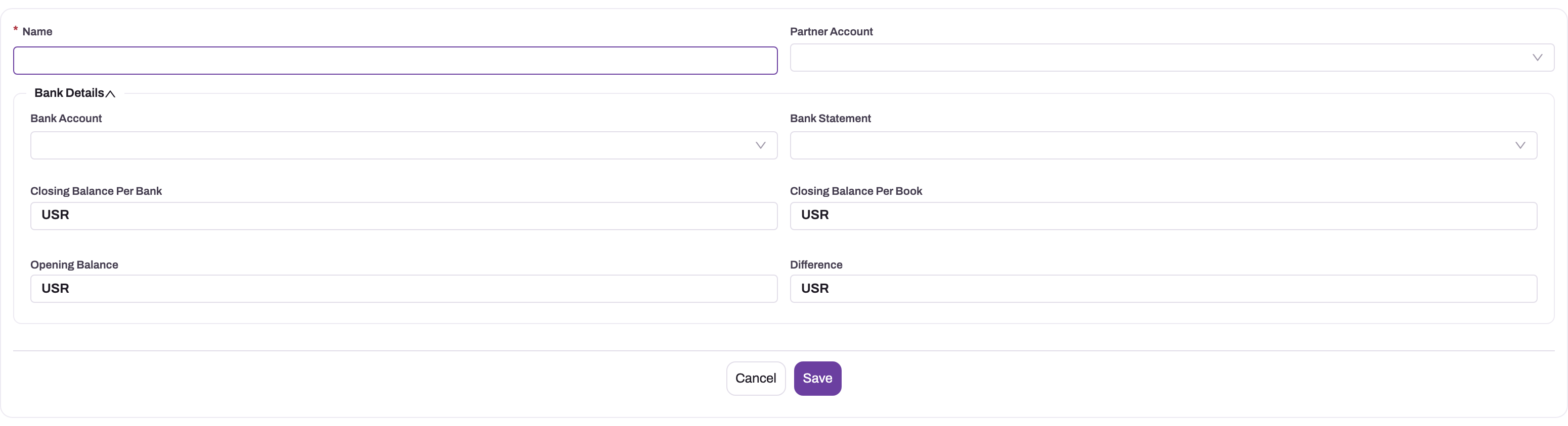 Bank Reconciliation creation panel with bank account, statement and balance fields
