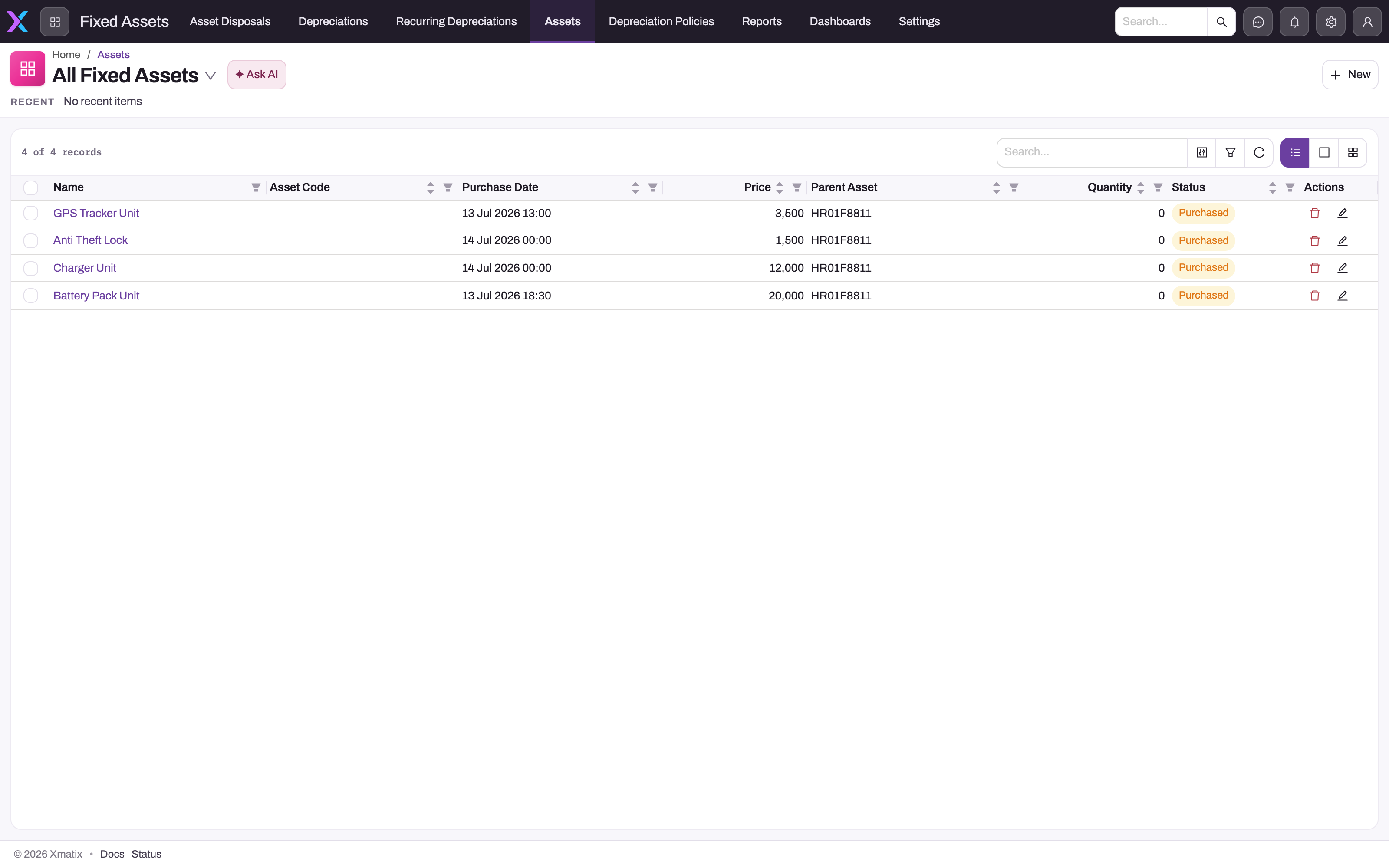 Fixed Asset list with four populated component-asset demonstration records