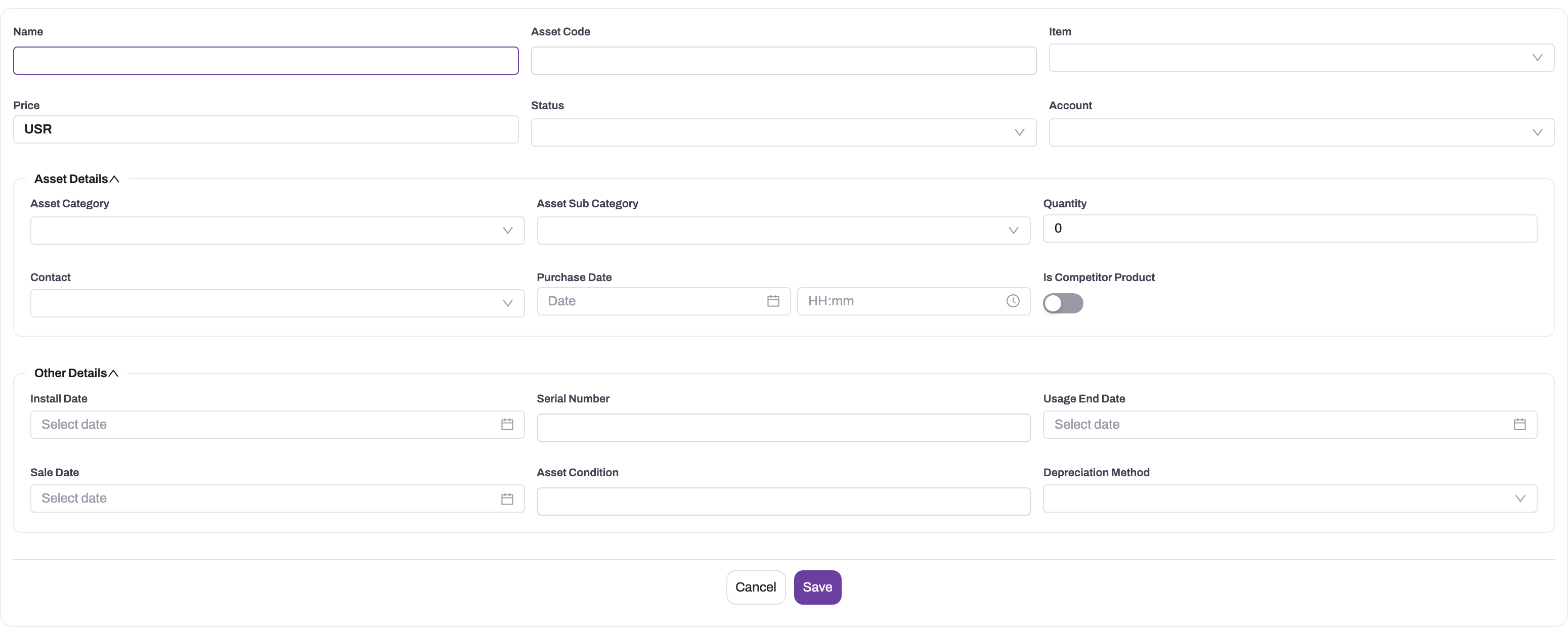 New Asset form showing identity, acquisition, classification and depreciation-related fields