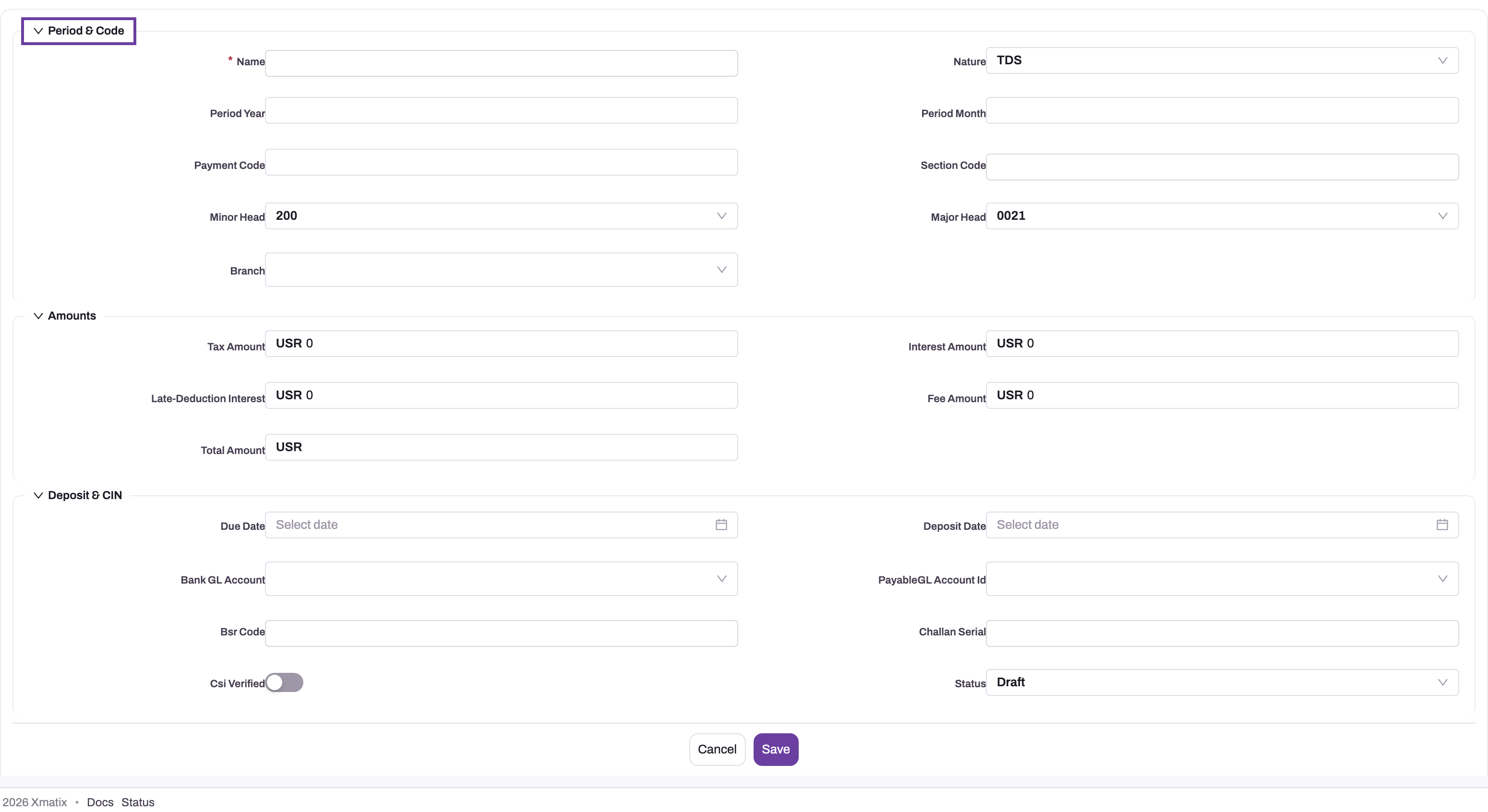 TDS challan form with all values visible and sections for period, amounts, deposit and CIN evidence