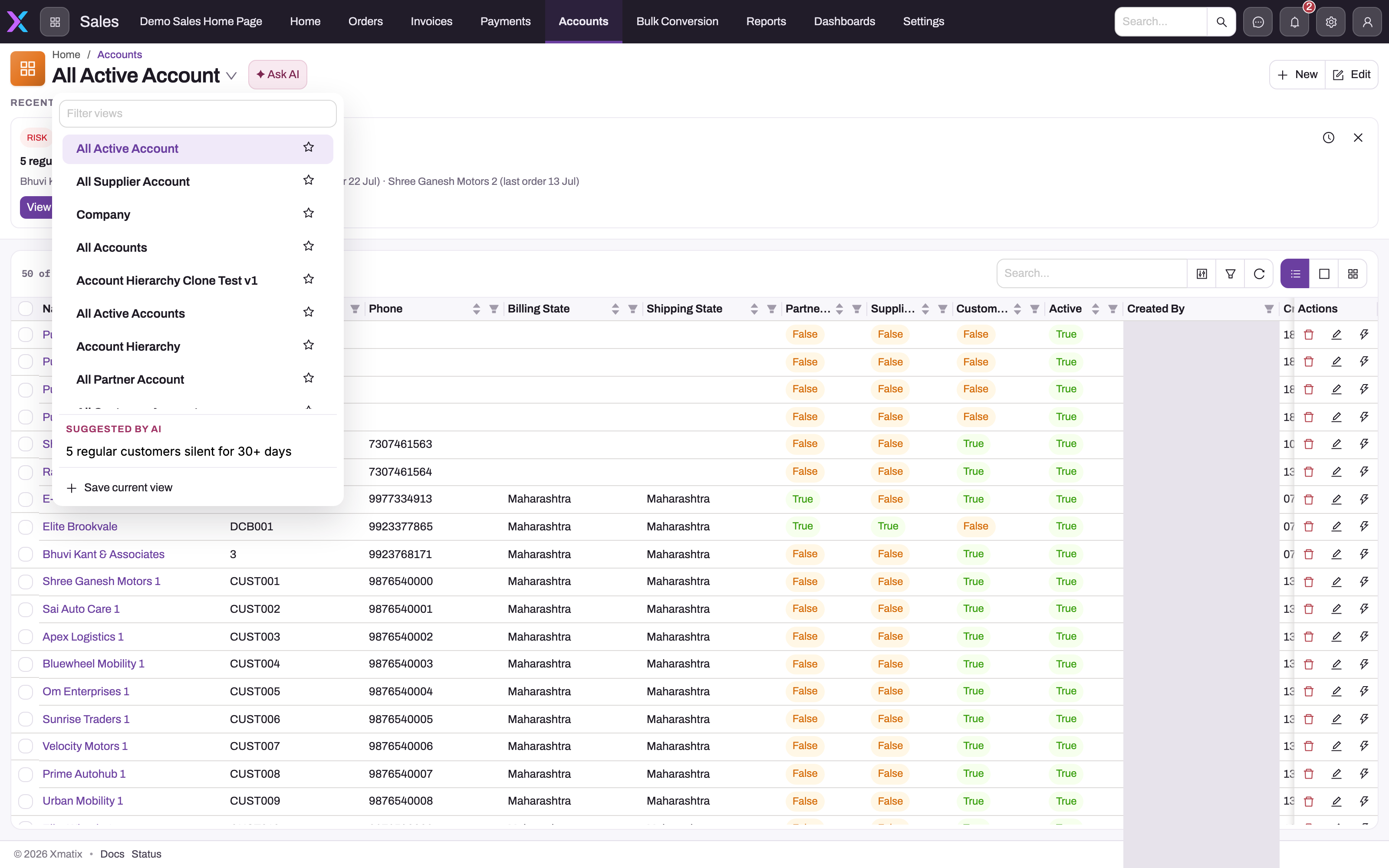 The Accounts list in the Sales app with the view selector open: a Filter views box, the shared views (All Active Account, All Supplier Account, Company, All Accounts, Account Hierarchy and more) each with a star, a Suggested by AI entry, and a Save current view action at the bottom; behind it the register header with search, column chooser, filter and refresh controls and sortable, filterable column headers