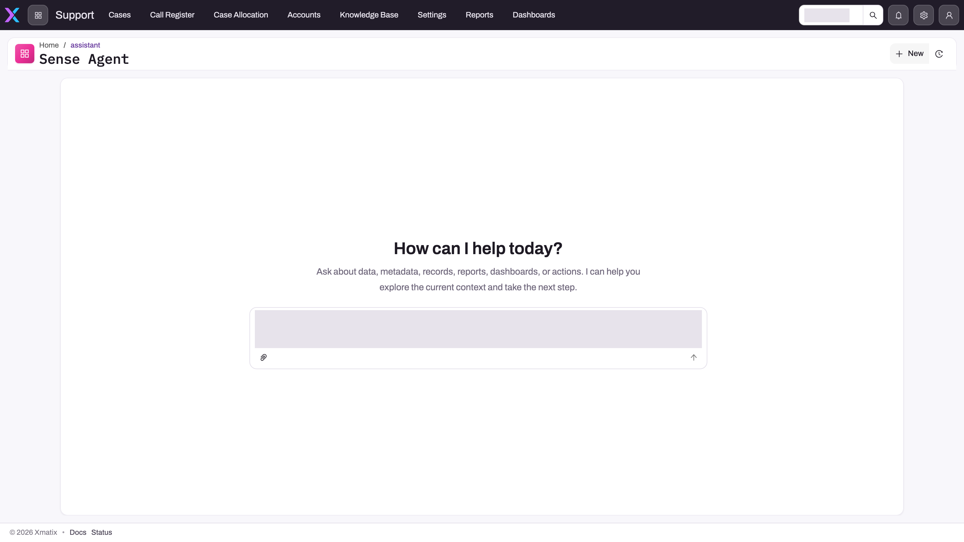 A new Sense Agent conversation showing the question composer