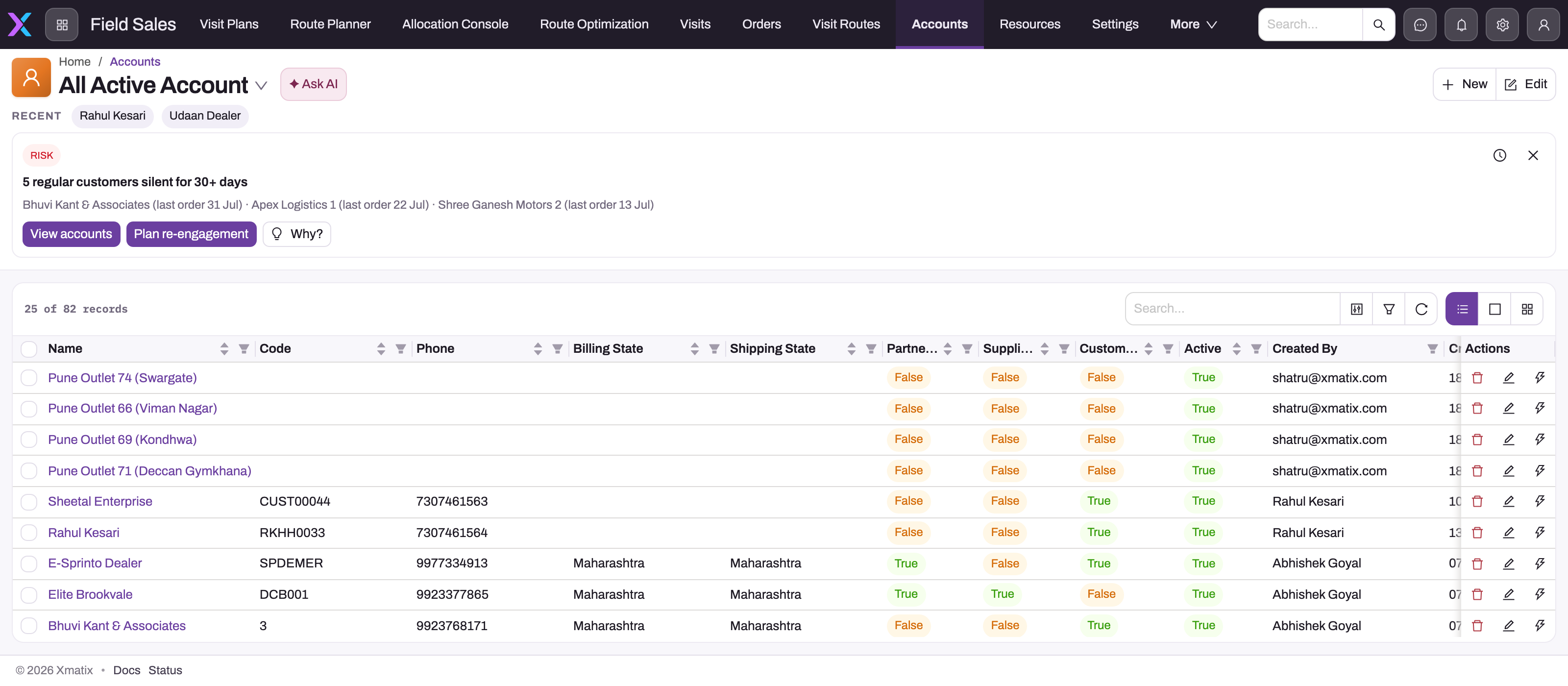 Populated Accounts workspace showing navigation, entity view, actions and synthetic demo2 rows